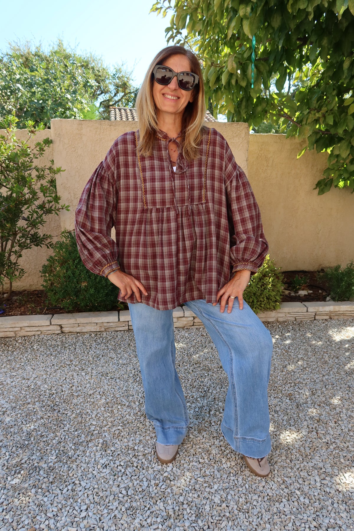 CHEMISIER A CARREAUX BORDEAUX/TAUPE OVERSIZE "GIOYA"