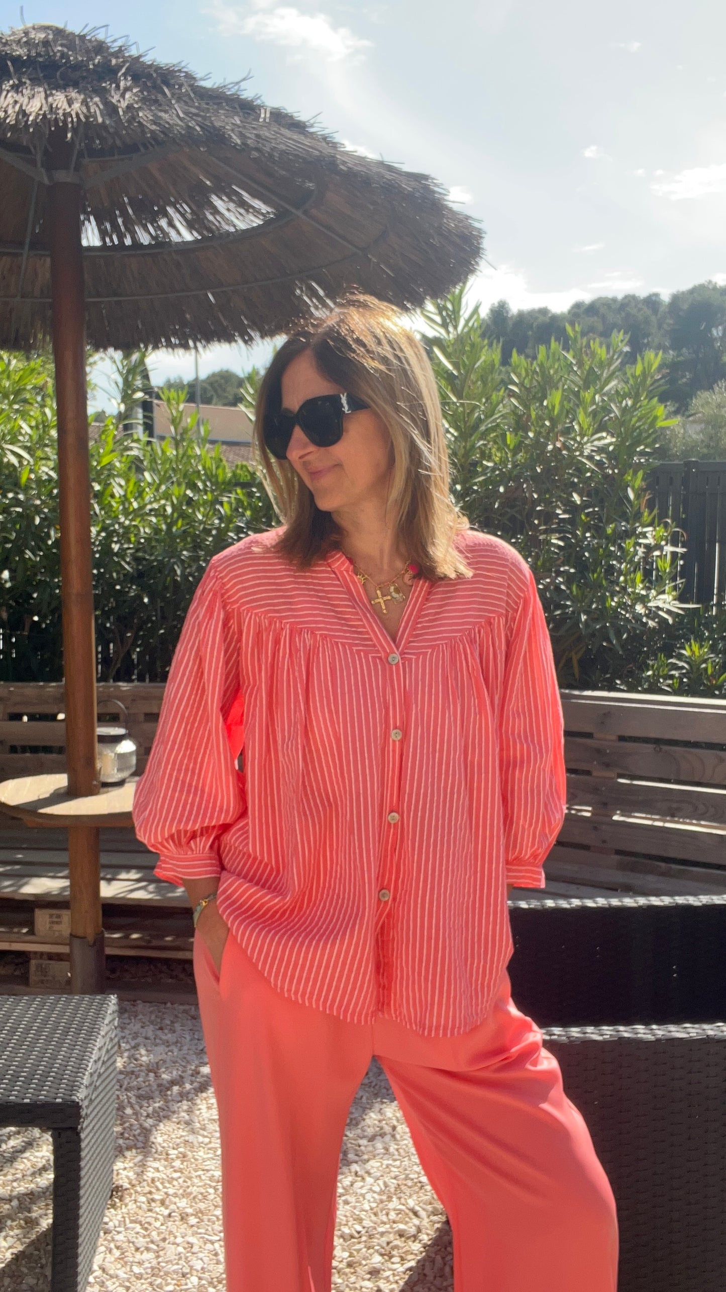 CHEMISIER RAYE CORAIL/BLANC