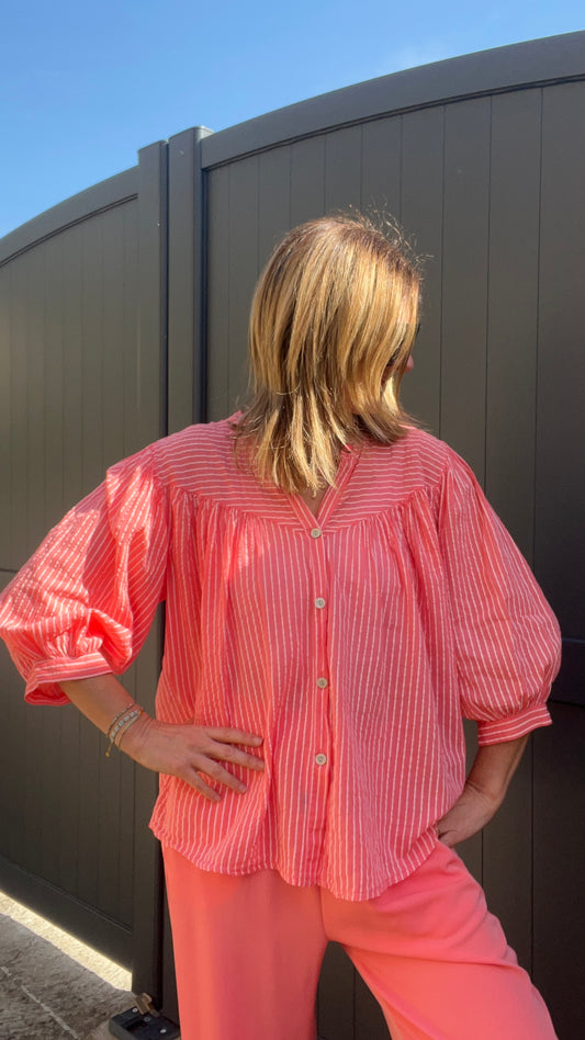 CHEMISIER RAYE CORAIL/BLANC