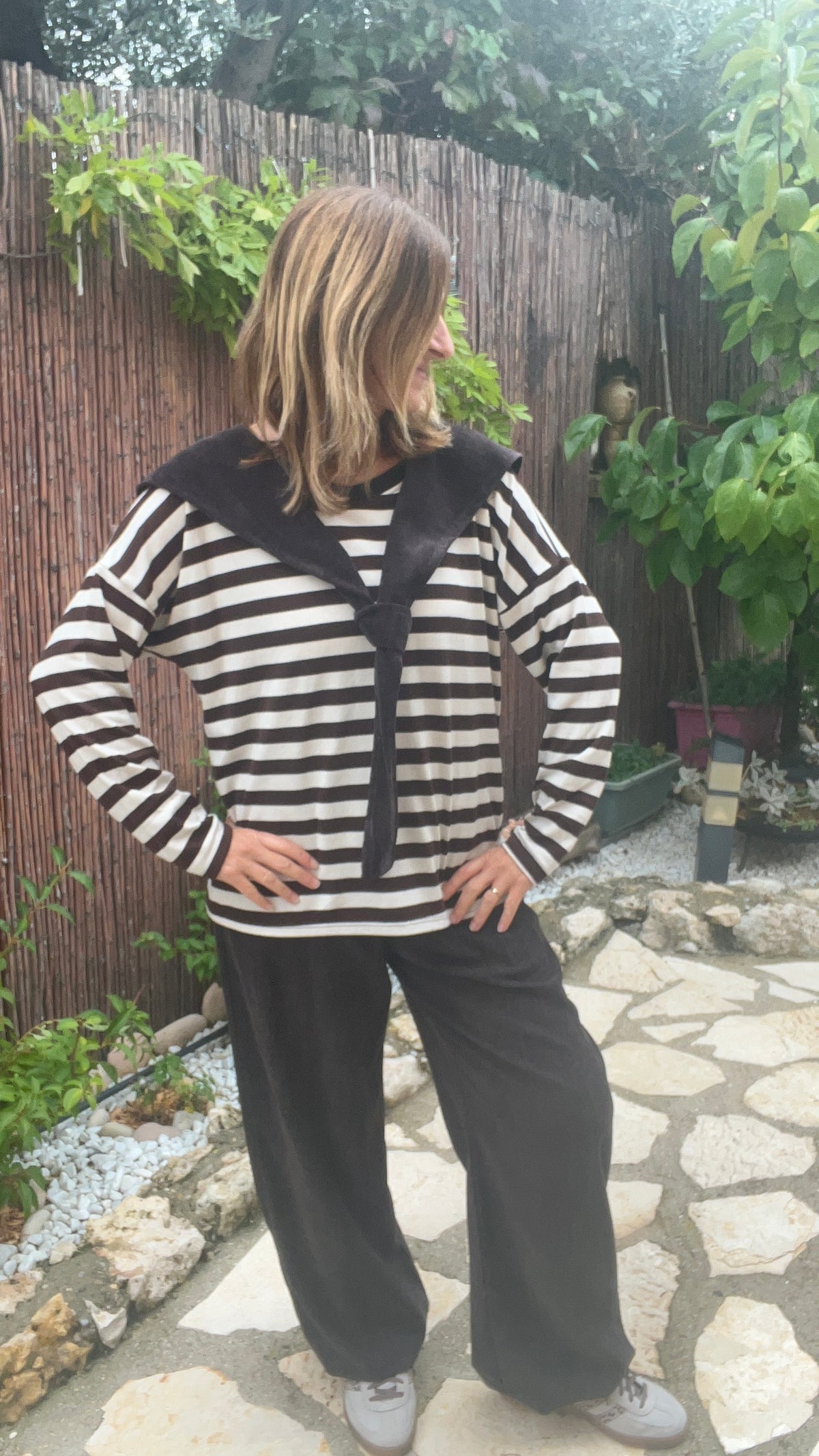 TEE-SHIRT RAYE MANCHES LONGUES CHOCOLAT/BLANC "COL MARIN"