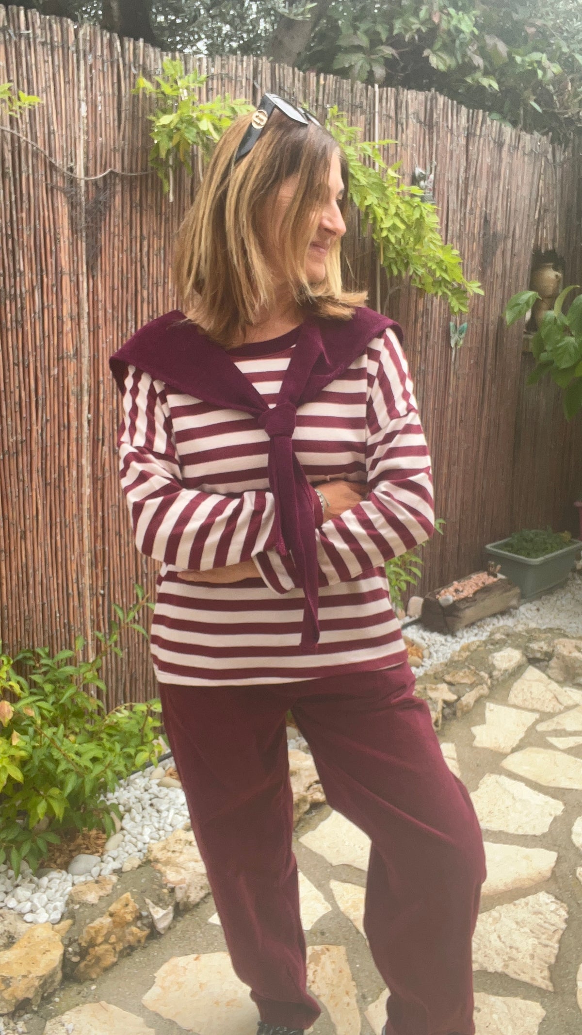 TEE-SHIRT RAYE MANCHES LONGUES BORDEAUX/BLANC "COL MARIN"
