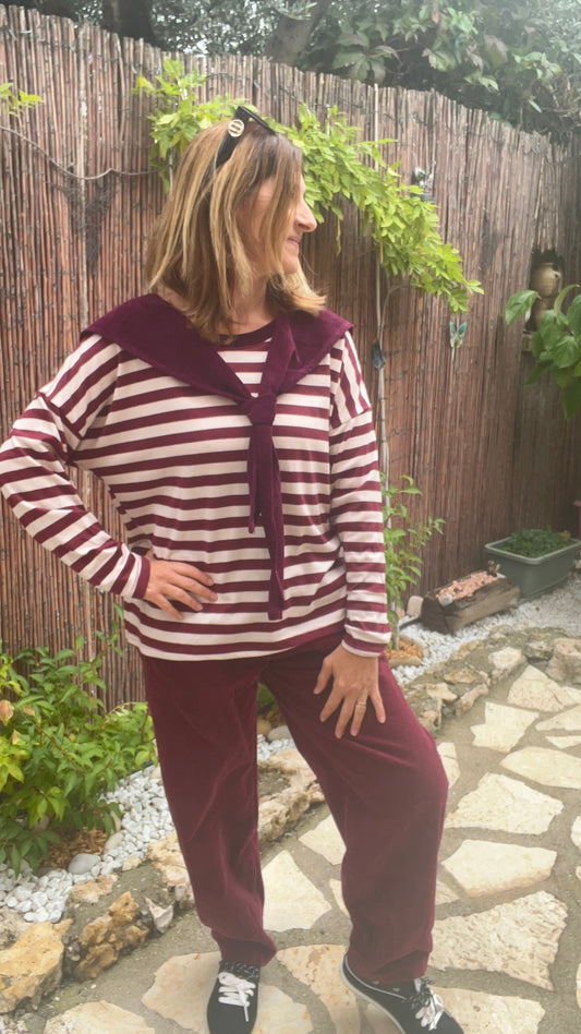 TEE-SHIRT RAYE MANCHES LONGUES BORDEAUX/BLANC "COL MARIN"