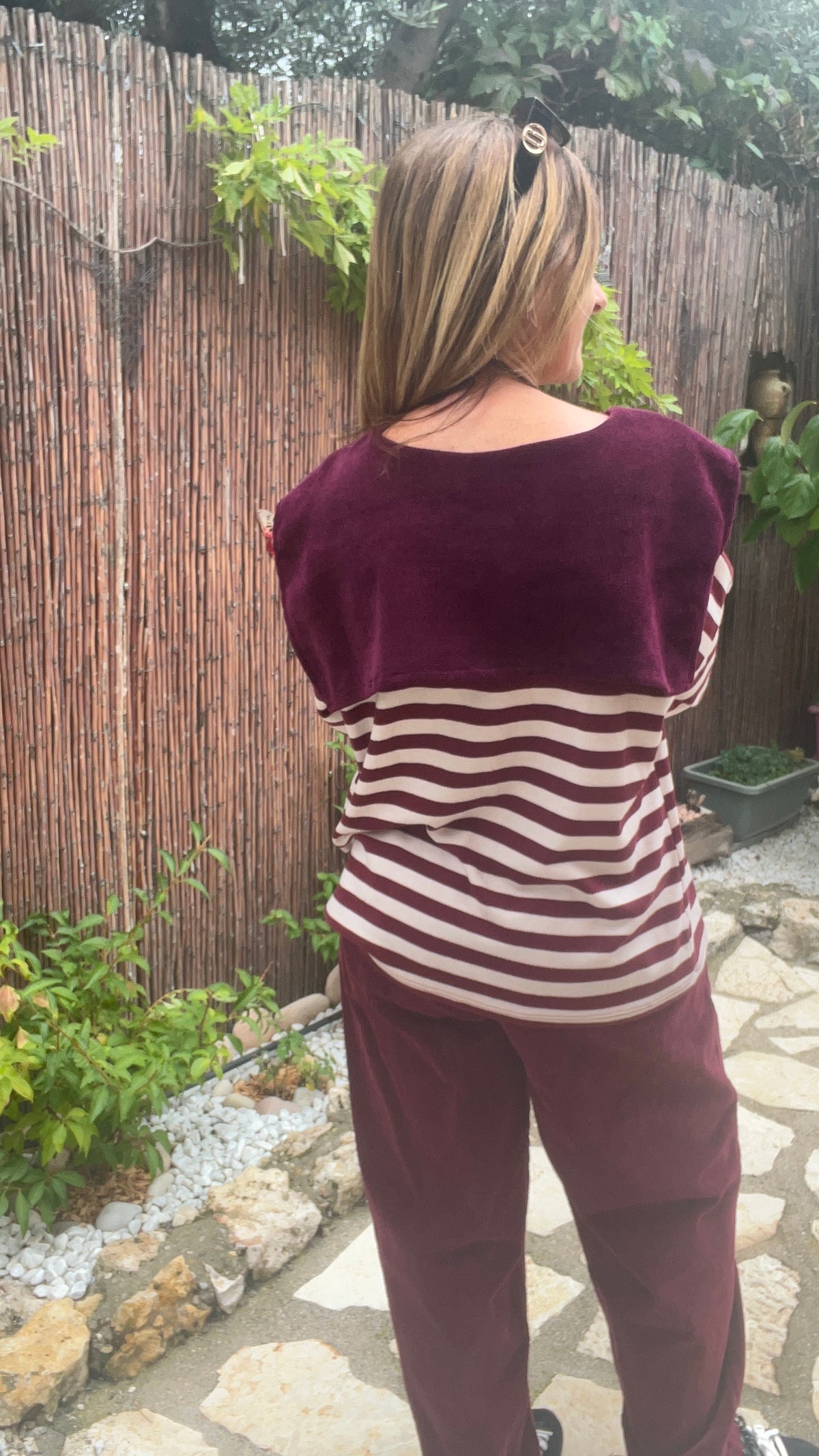 TEE-SHIRT RAYE MANCHES LONGUES BORDEAUX/BLANC "COL MARIN"
