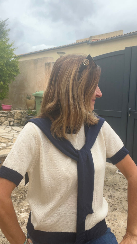 PULL BEIGE MANCHES  COURTES COL MARIN BLEU MARINE