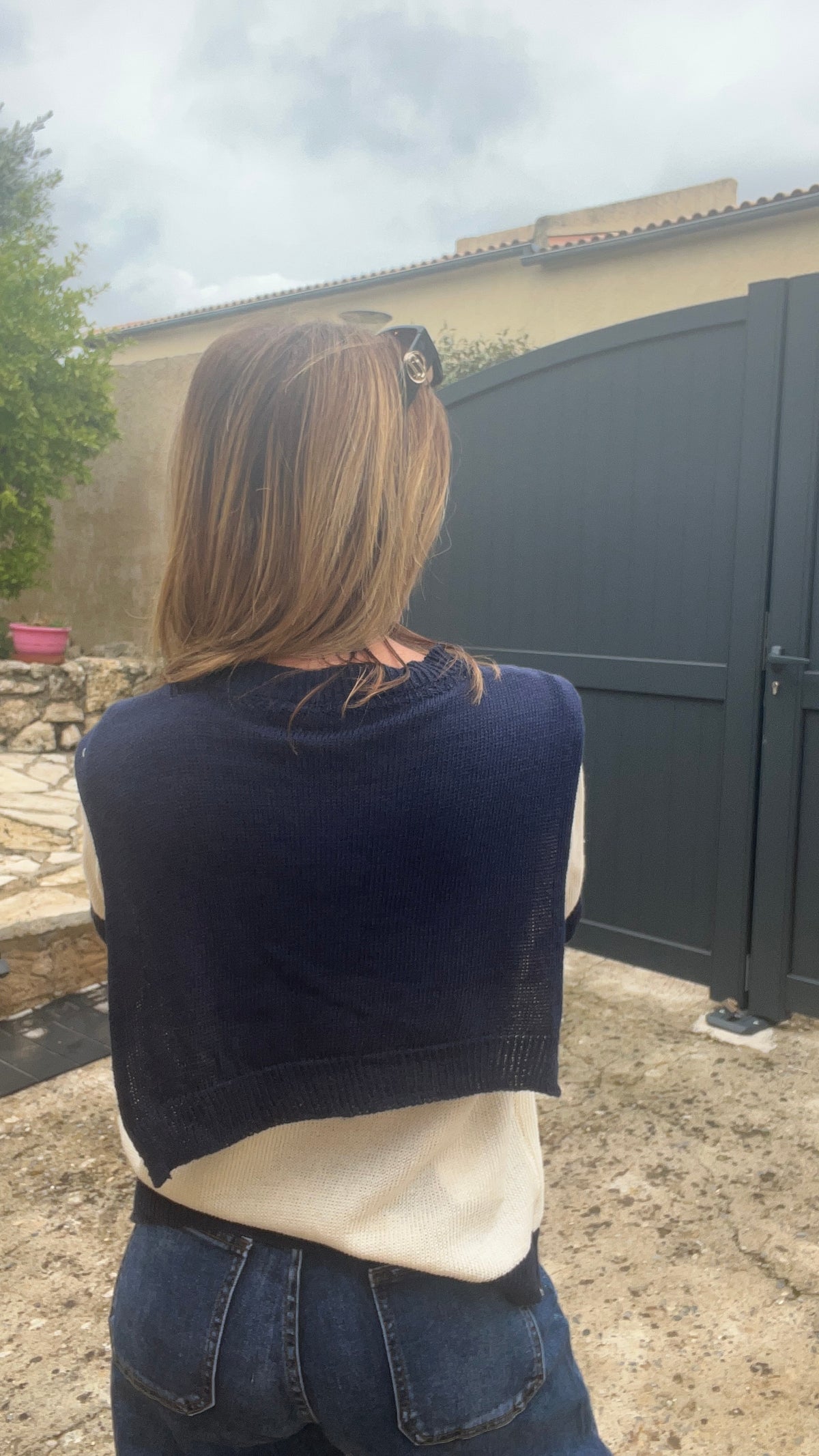 PULL BEIGE MANCHES  COURTES COL MARIN BLEU MARINE