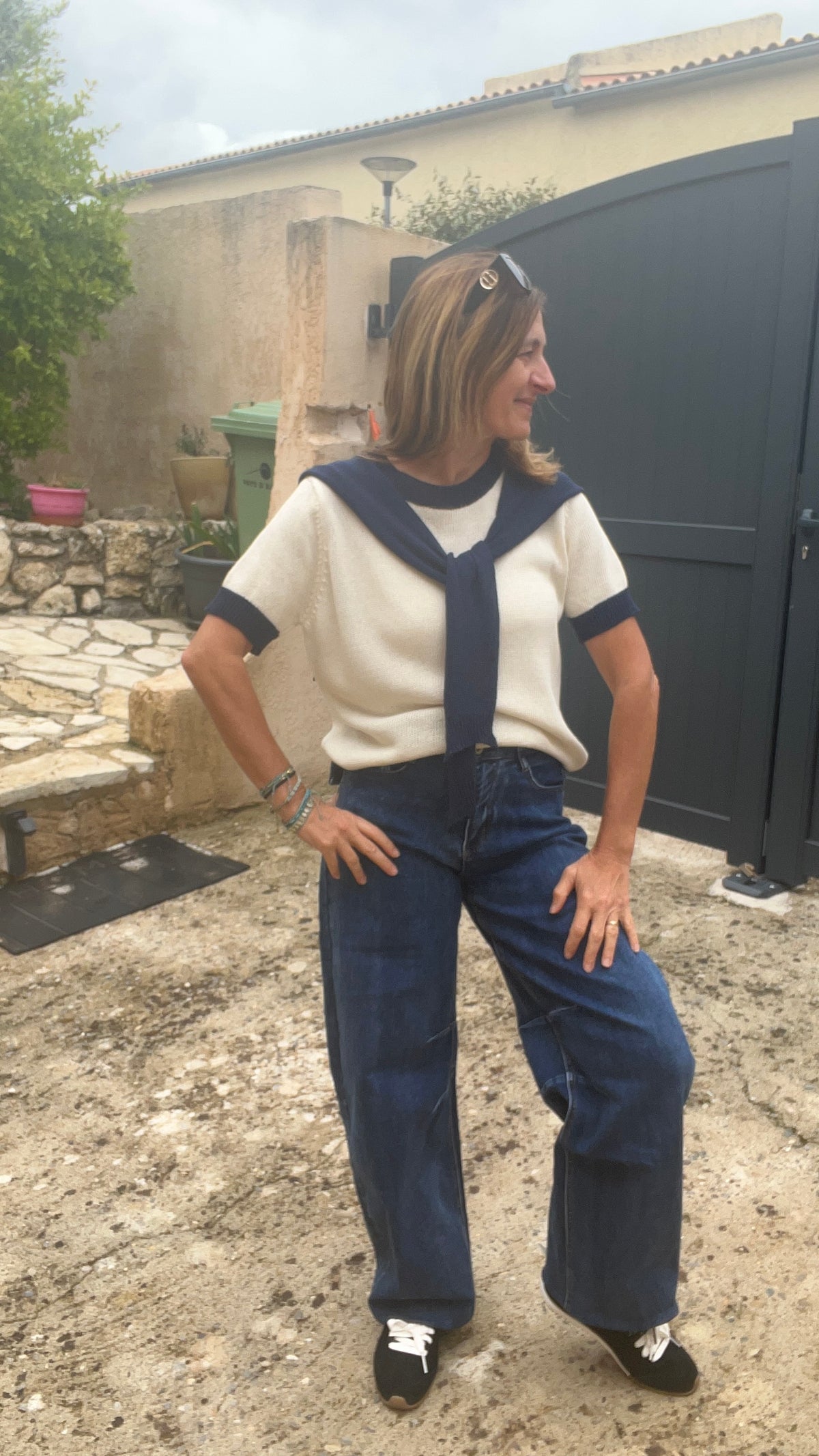 PULL BEIGE MANCHES  COURTES COL MARIN BLEU MARINE