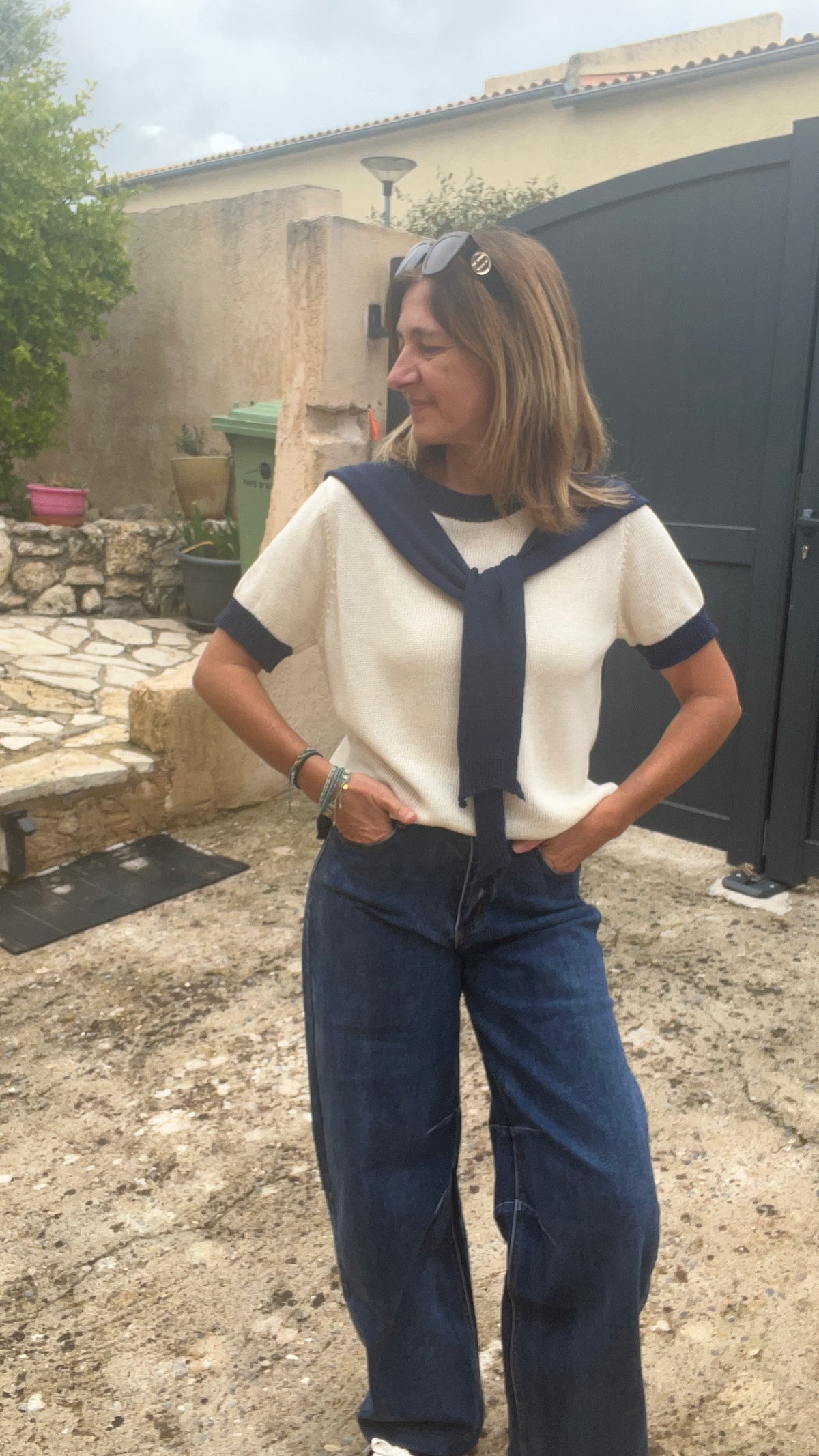 PULL BEIGE MANCHES  COURTES COL MARIN BLEU MARINE