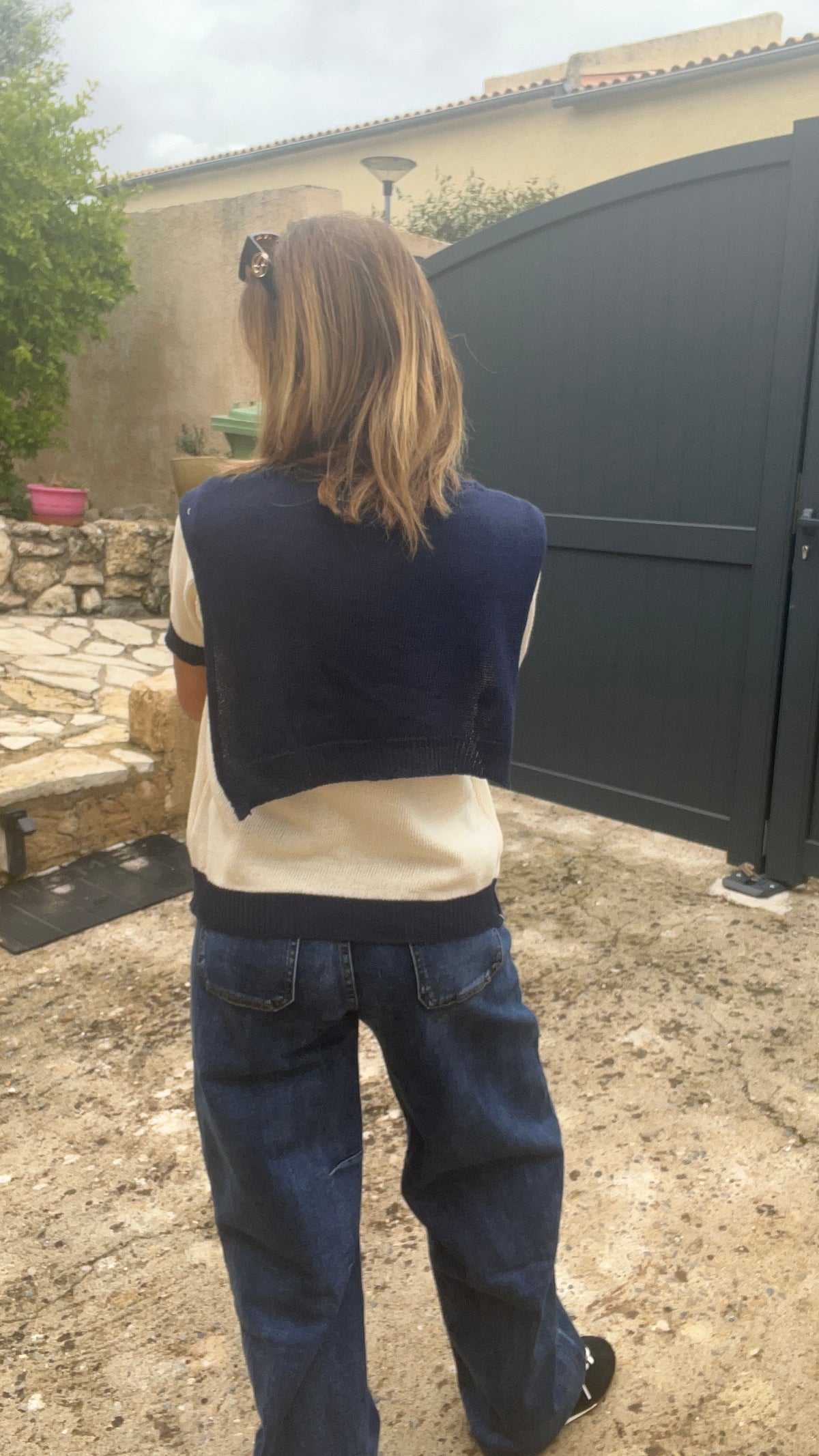 PULL BEIGE MANCHES  COURTES COL MARIN BLEU MARINE
