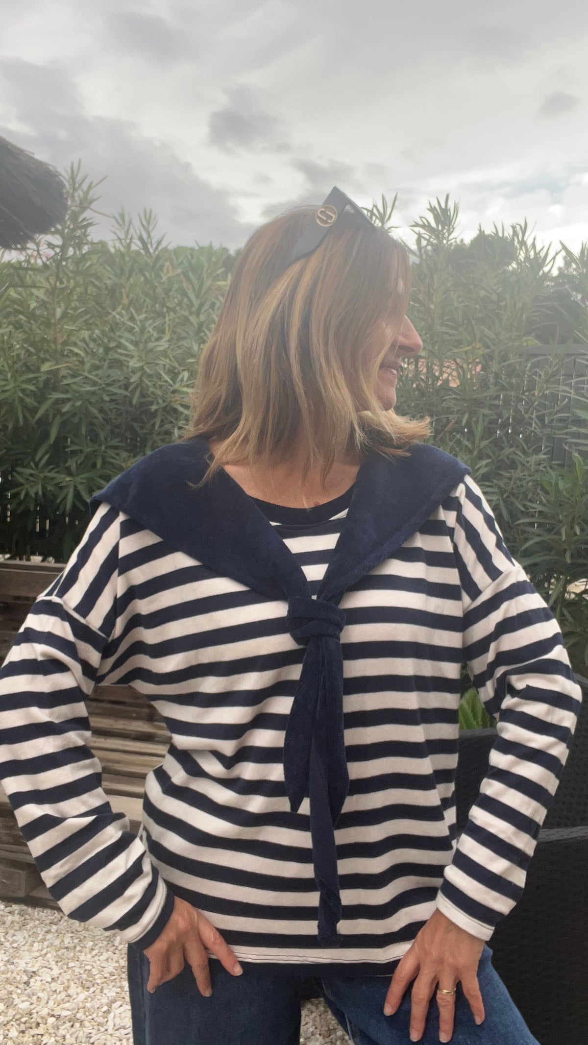 TEE-SHIRT RAYE MANCHES LONGUES BLEU MARINE/BLANC "COL MARIN"