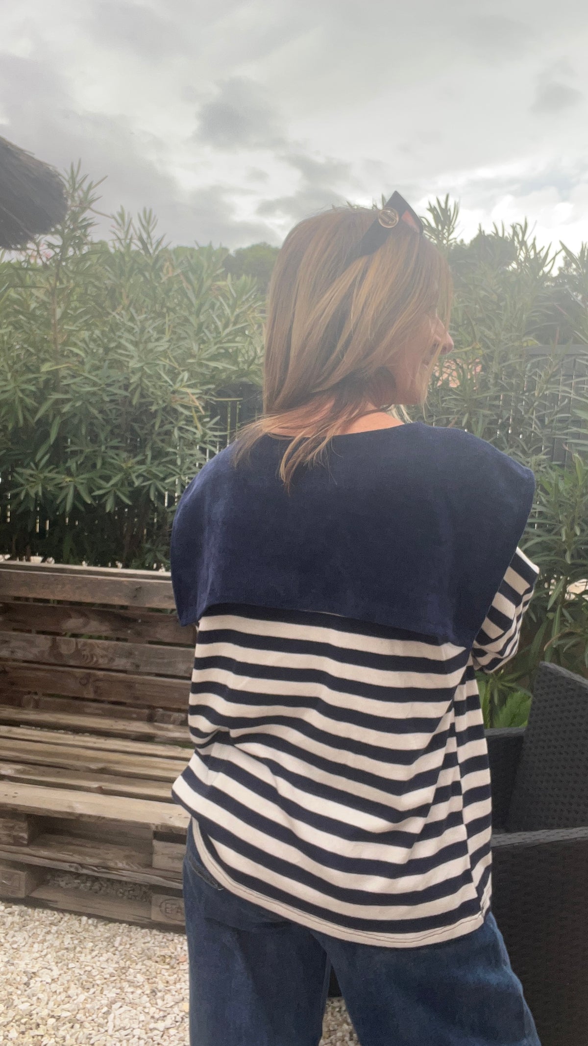 TEE-SHIRT RAYE MANCHES LONGUES BLEU MARINE/BLANC "COL MARIN"