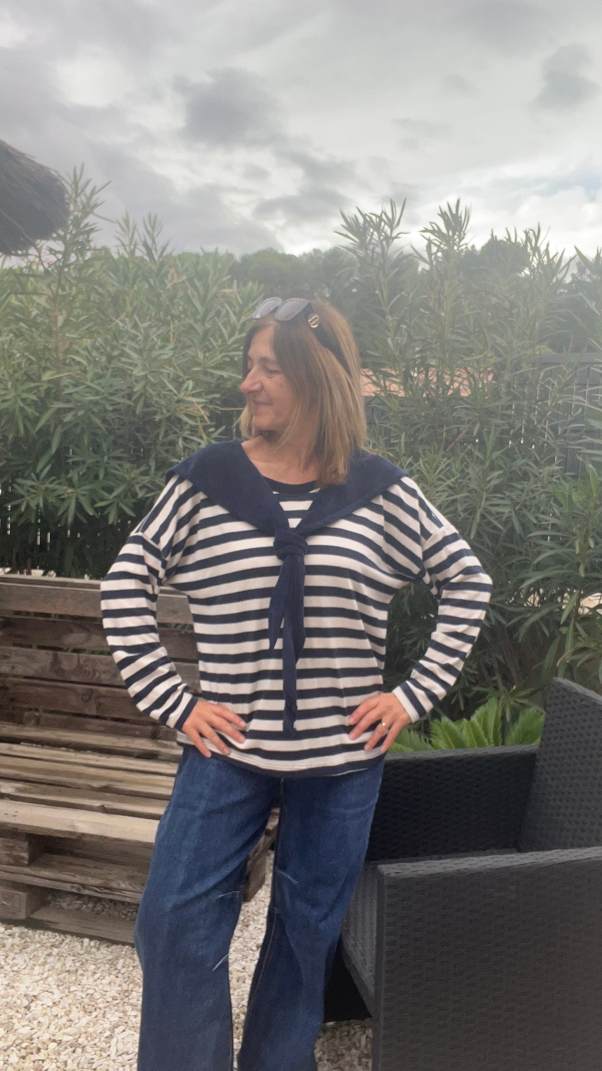 TEE-SHIRT RAYE MANCHES LONGUES BLEU MARINE/BLANC "COL MARIN"