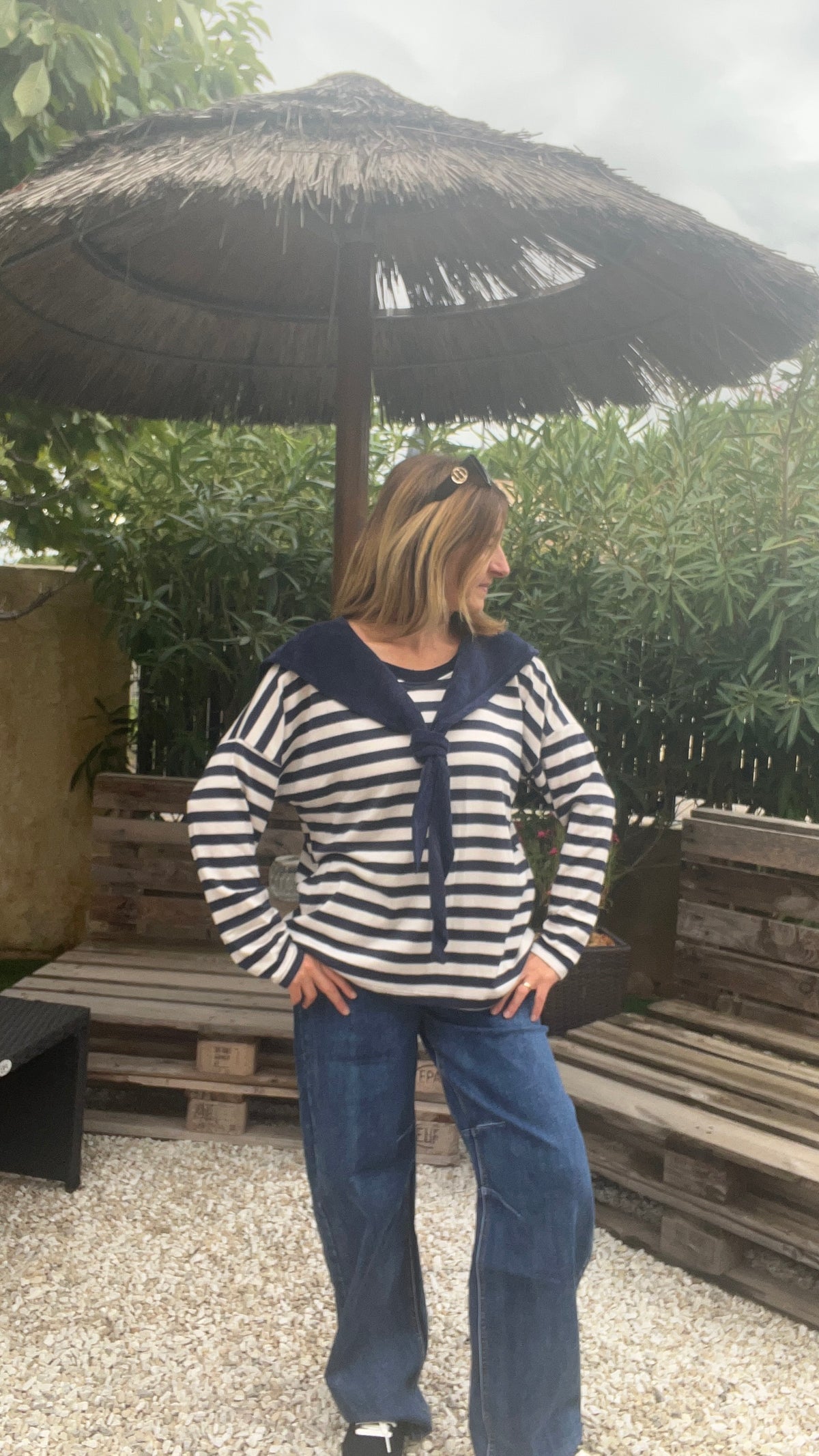 TEE-SHIRT RAYE MANCHES LONGUES BLEU MARINE/BLANC "COL MARIN"