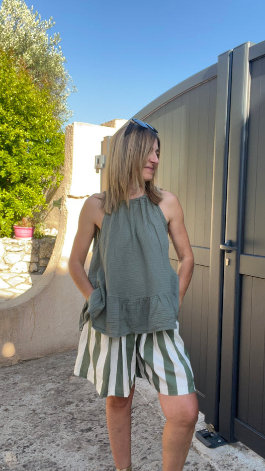 TOP KAKI PETITES BRETELLES GAZE DE COTON