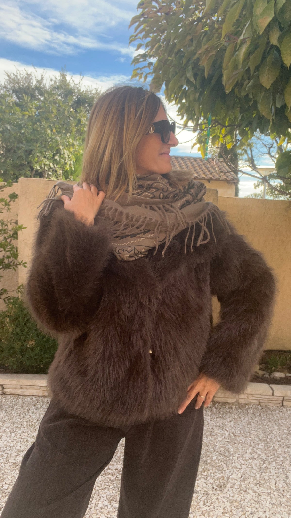 GRAND CARRE/CHÂLE BANDANA TAUPE/KAKI A FRANGES