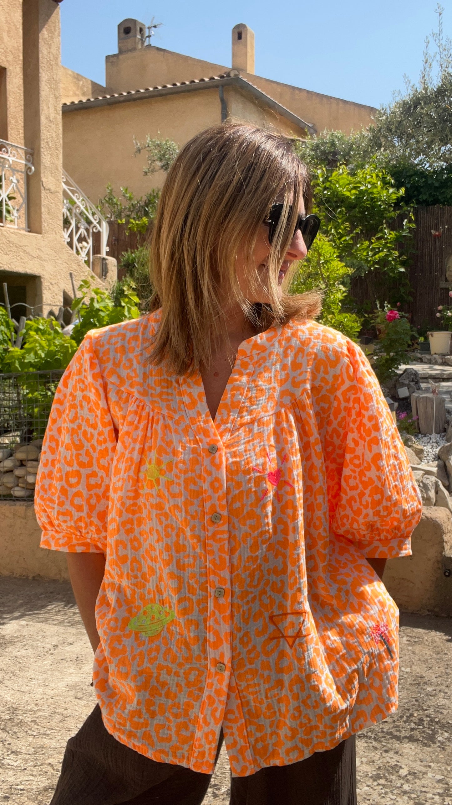 CHEMISIER LEOPARD ORANGE FLUO/BLANC