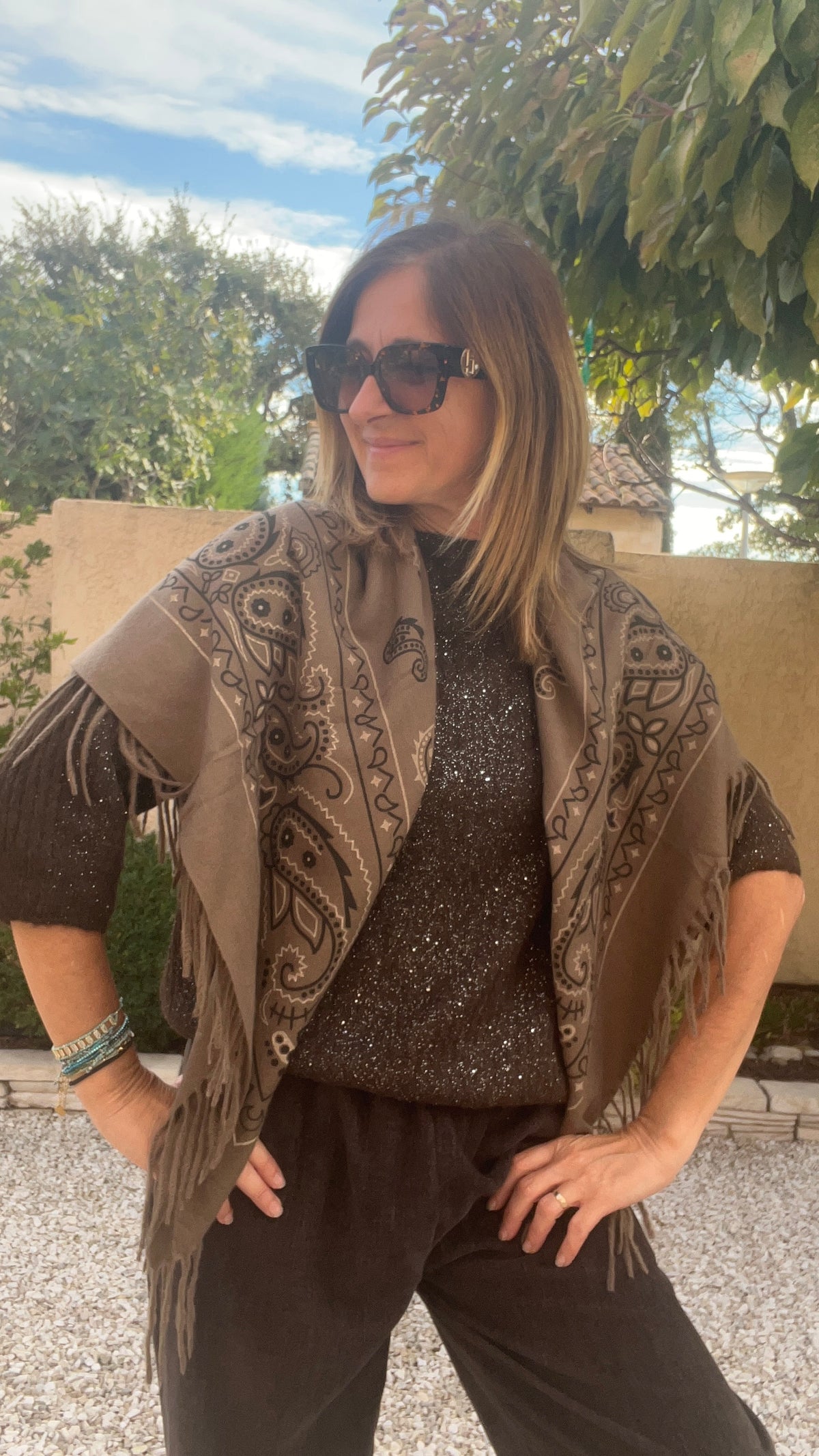 GRAND CARRE/CHÂLE BANDANA TAUPE/KAKI A FRANGES