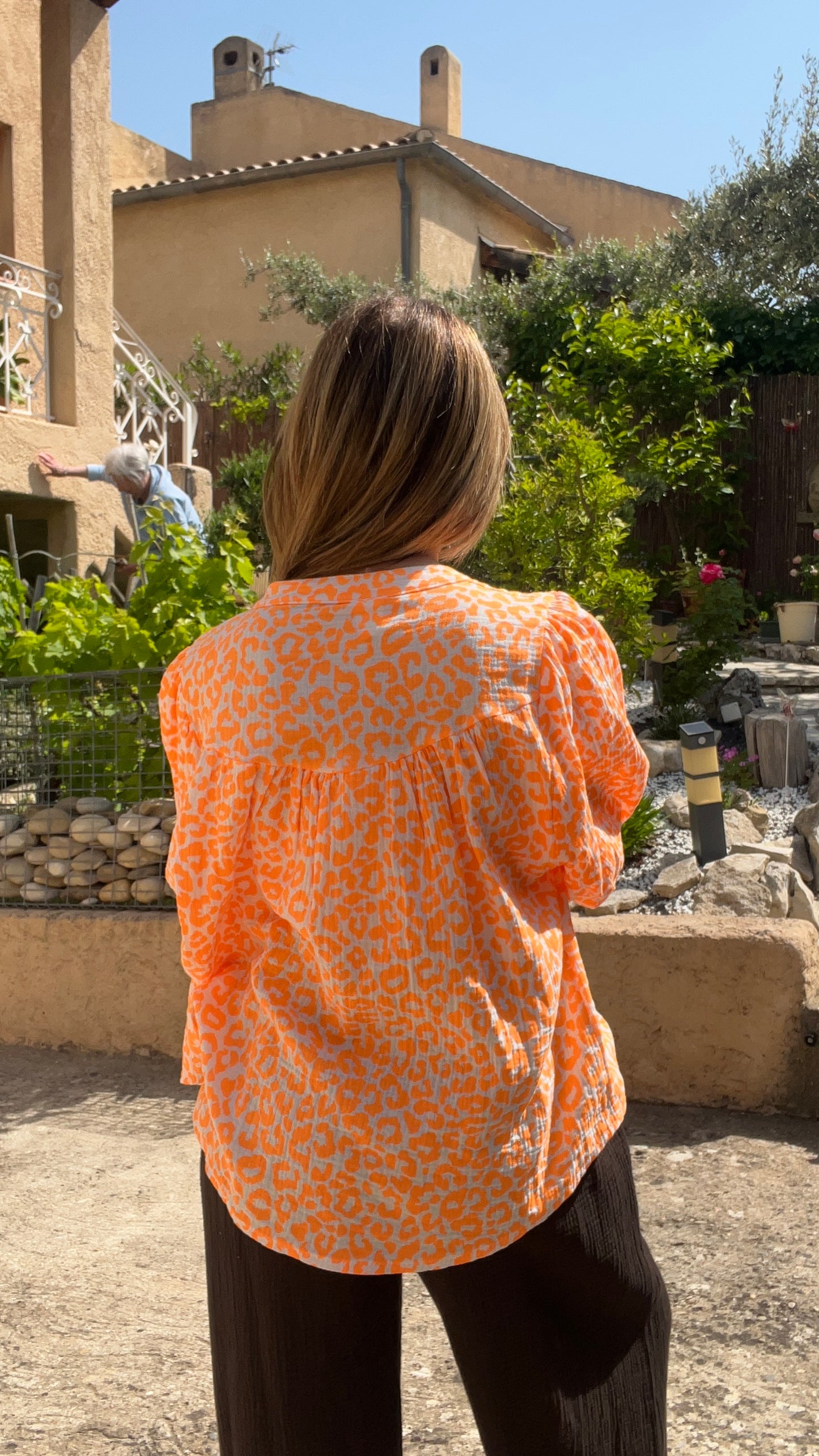 CHEMISIER LEOPARD ORANGE FLUO/BLANC