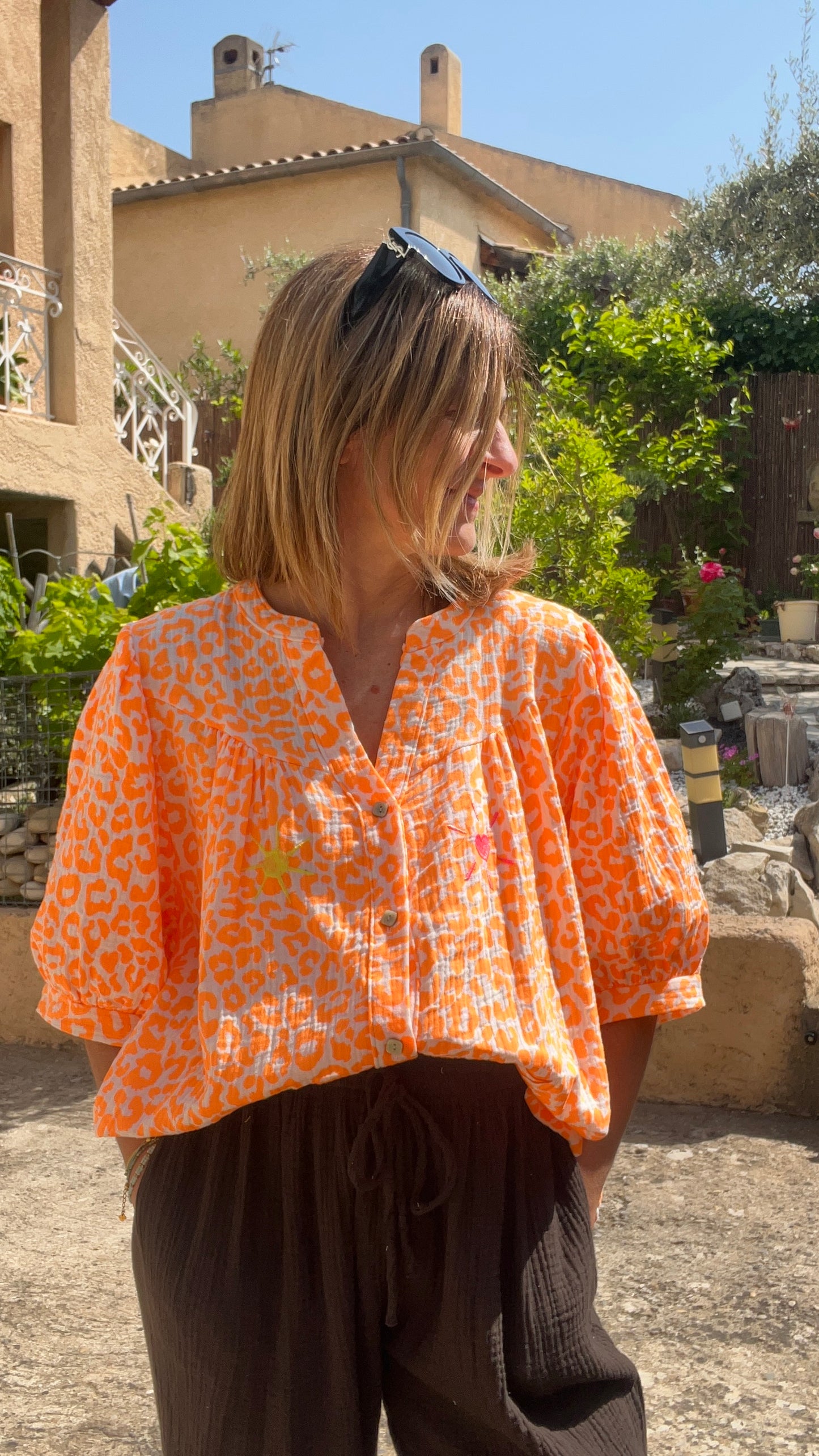 CHEMISIER LEOPARD ORANGE FLUO/BLANC