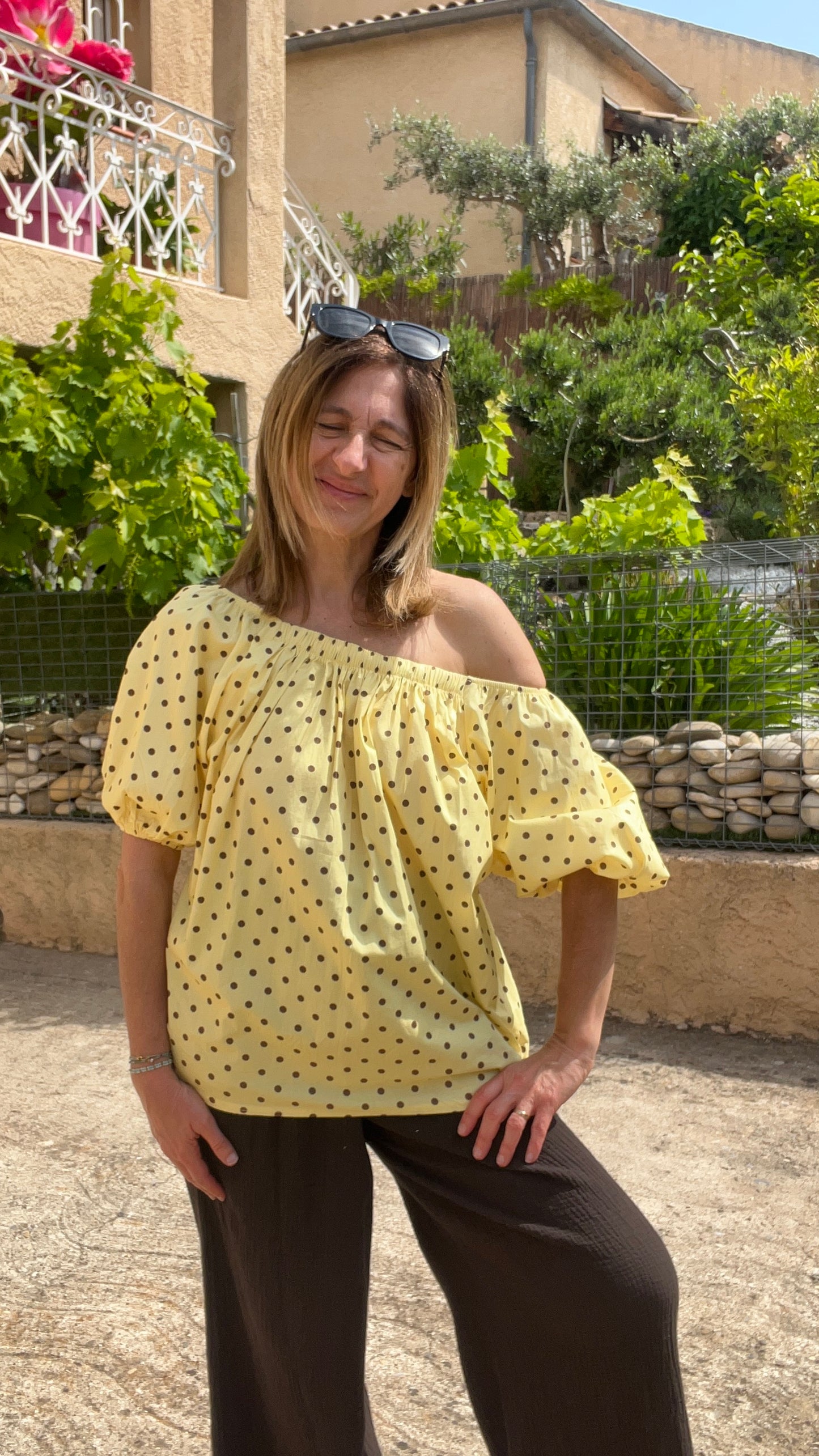 CHEMISIER JAUNE A POIS CHOCOLAT