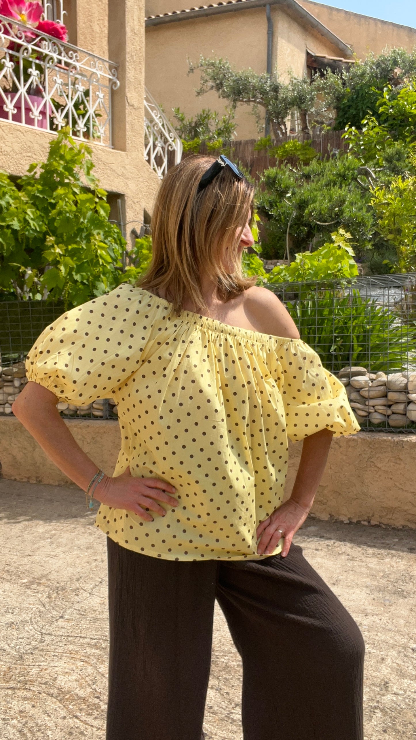 CHEMISIER JAUNE A POIS CHOCOLAT