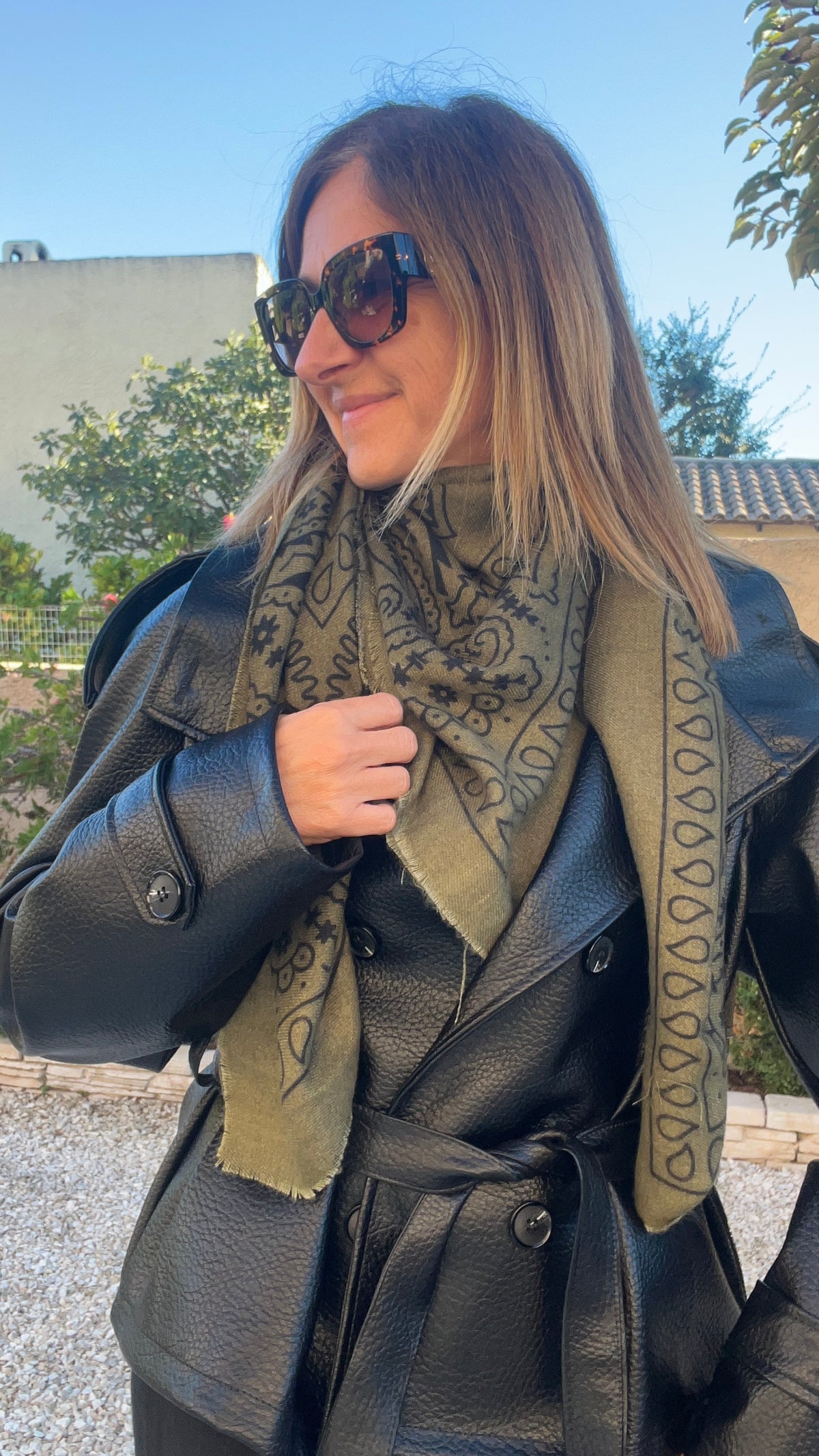FOULARD GRAND CARRE KAKI "BANDANA"