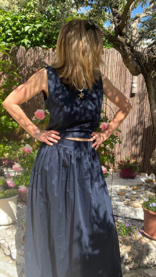 ENSEMBLE  BLEU MARINE JUPE/TOP DOS NU EN POPELINE