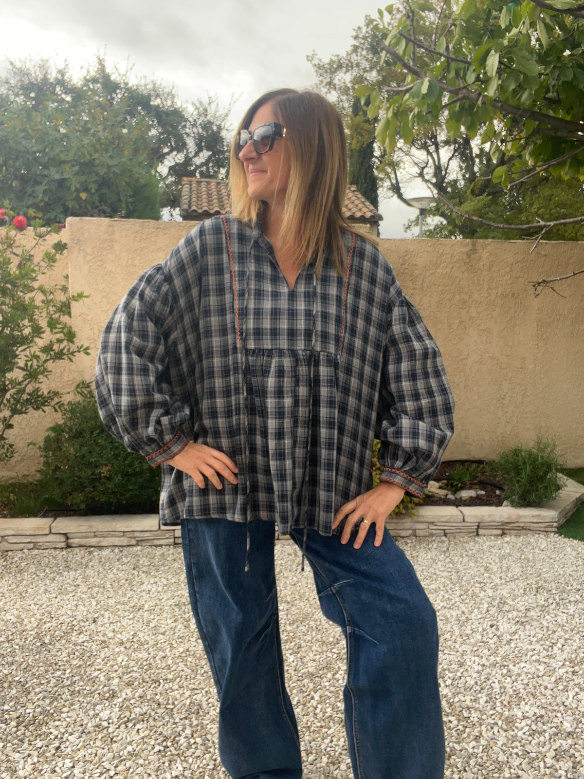 CHEMISIER A CARREAUX BLEU MARINE/BLEU CLAIR OVERSIZE "GIOYA"