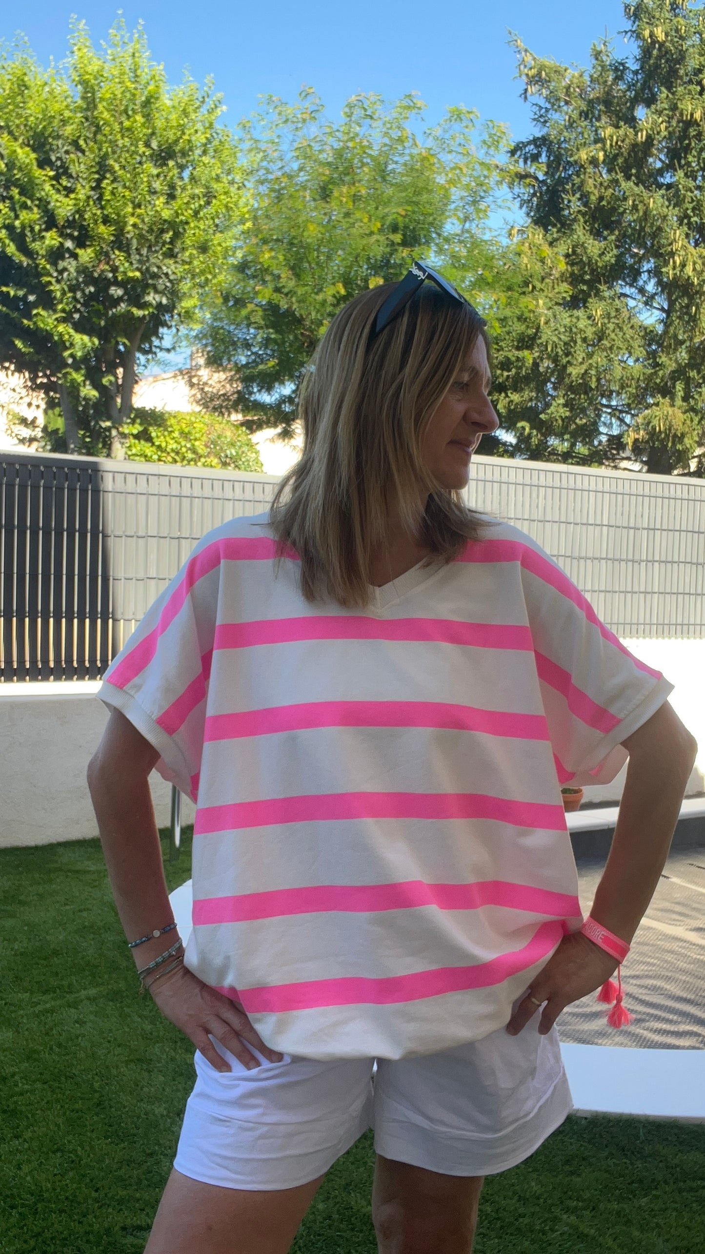 TEE-SHIRT/TUNIQUE RAYÉ ROSE FLUO/BLANC