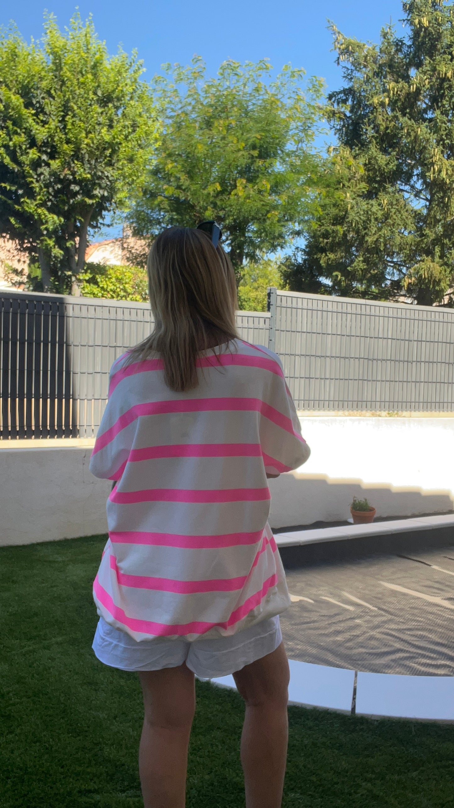 TEE-SHIRT/TUNIQUE RAYÉ ROSE FLUO/BLANC