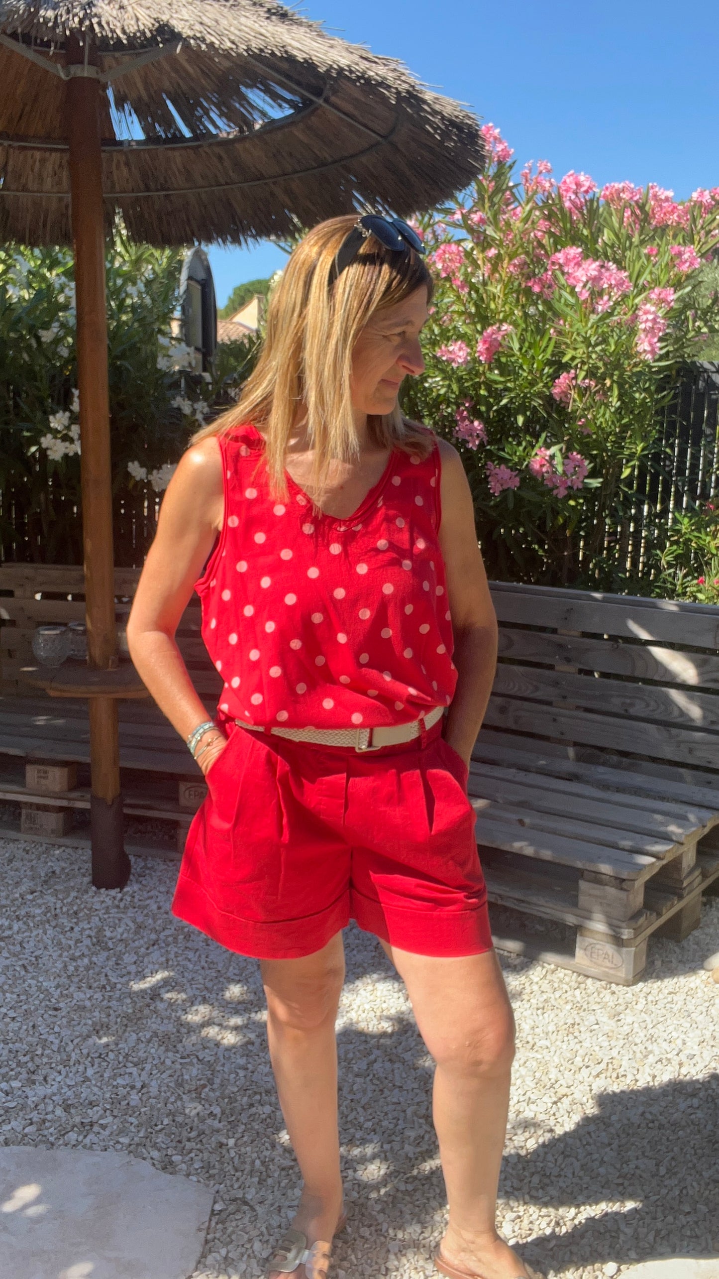 DEBARDEUR ROUGE/BLANC A POIS