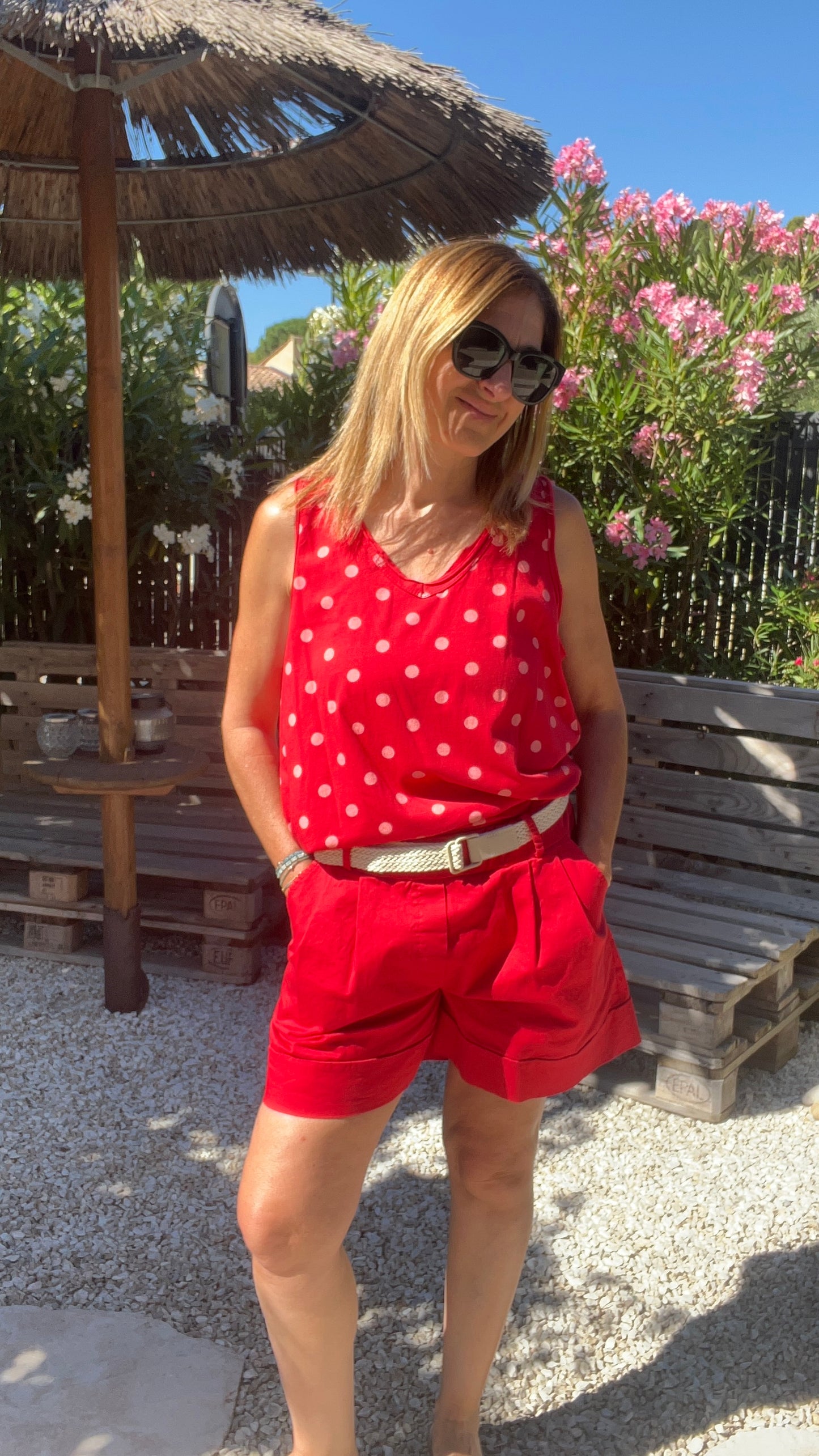 DEBARDEUR ROUGE/BLANC A POIS
