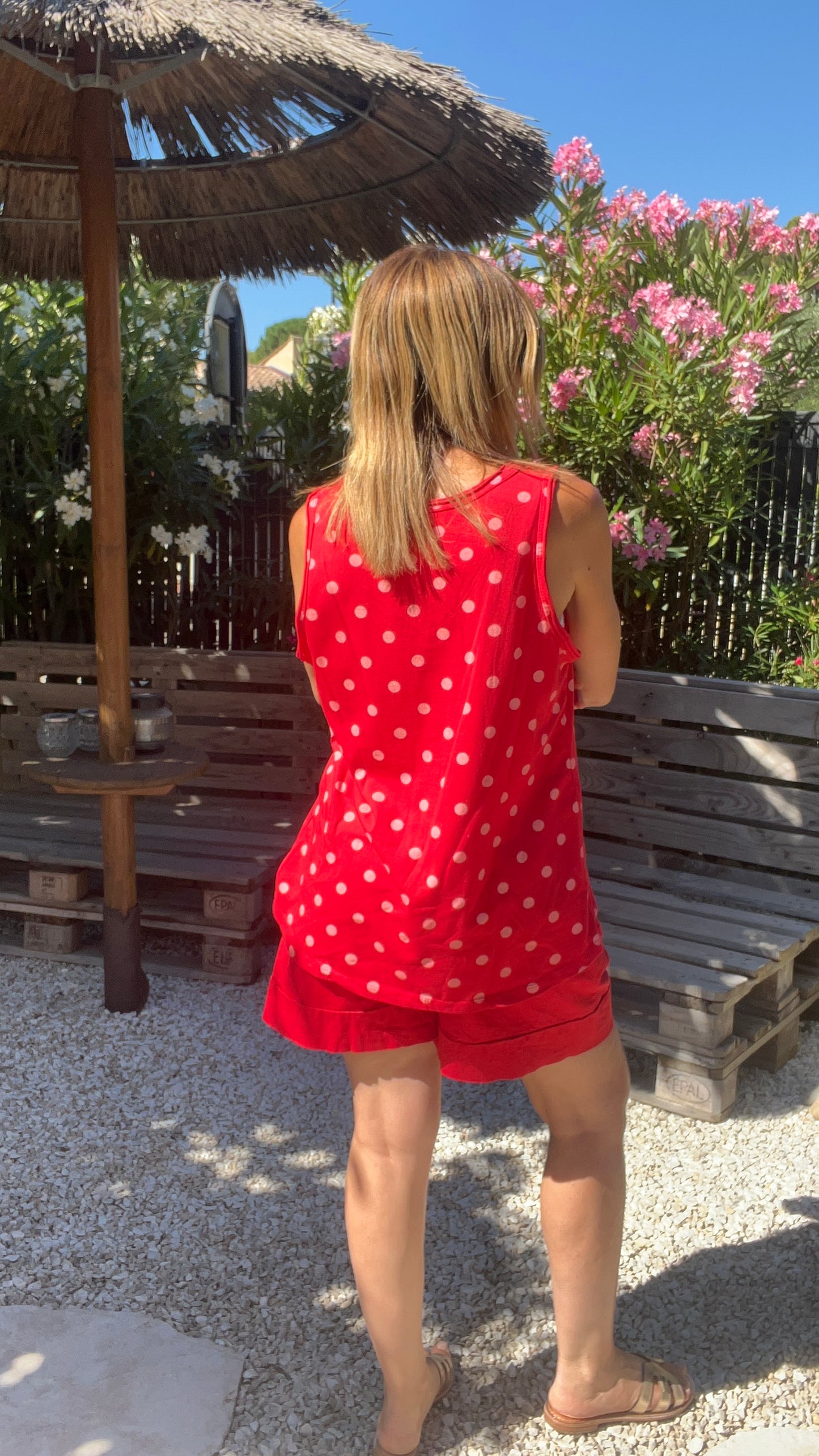 DEBARDEUR ROUGE/BLANC A POIS
