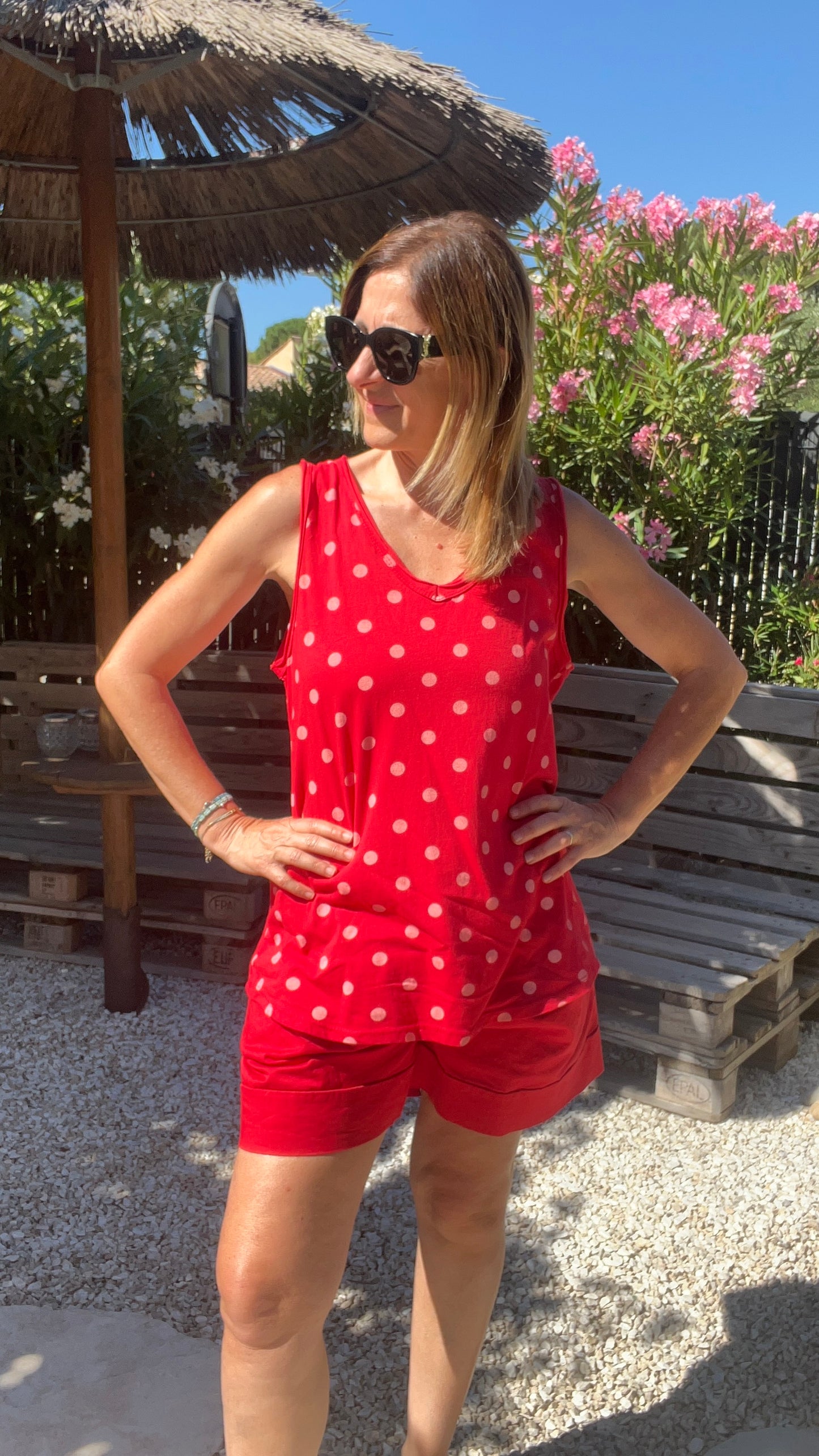 DEBARDEUR ROUGE/BLANC A POIS