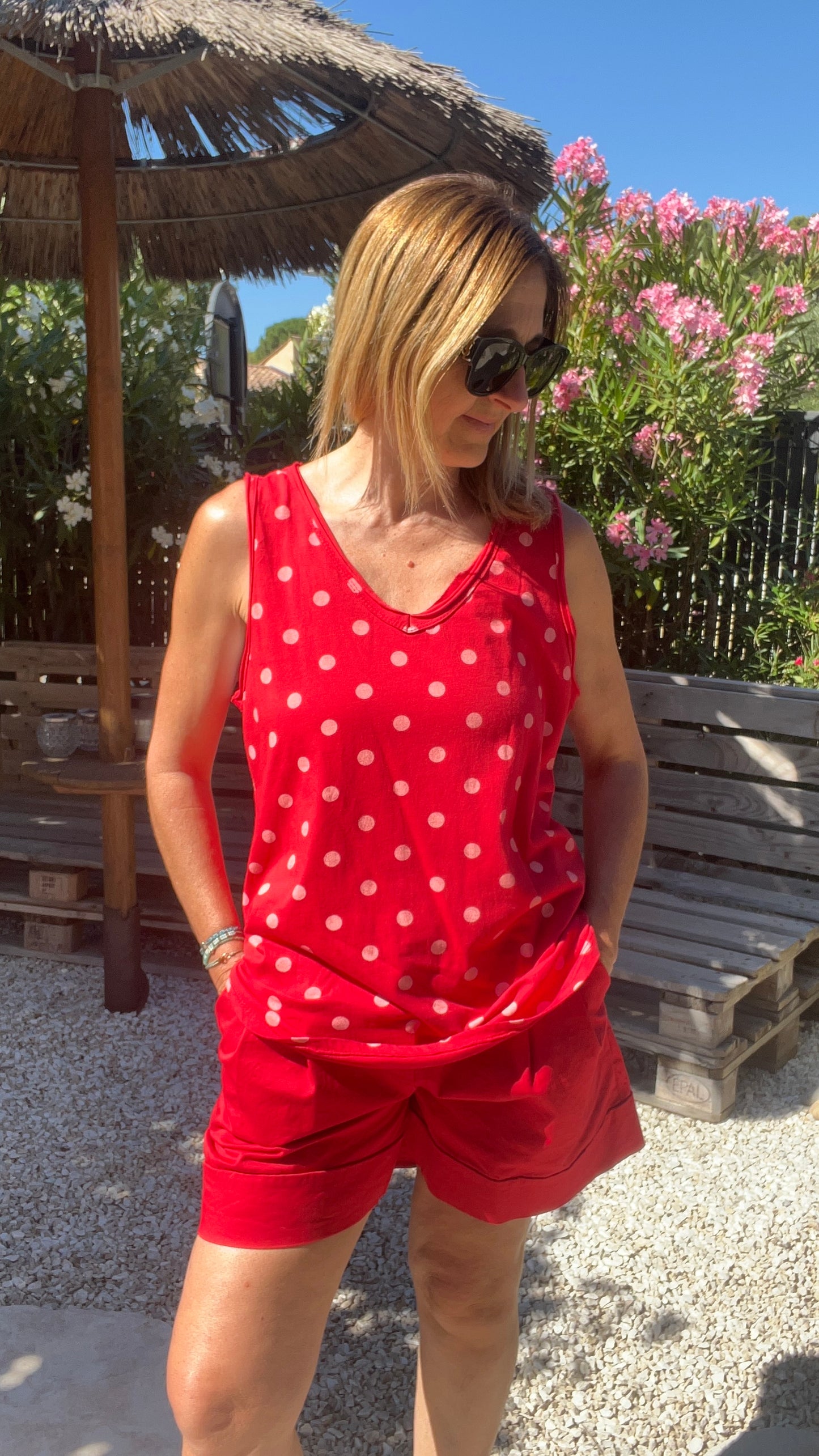 DEBARDEUR ROUGE/BLANC A POIS
