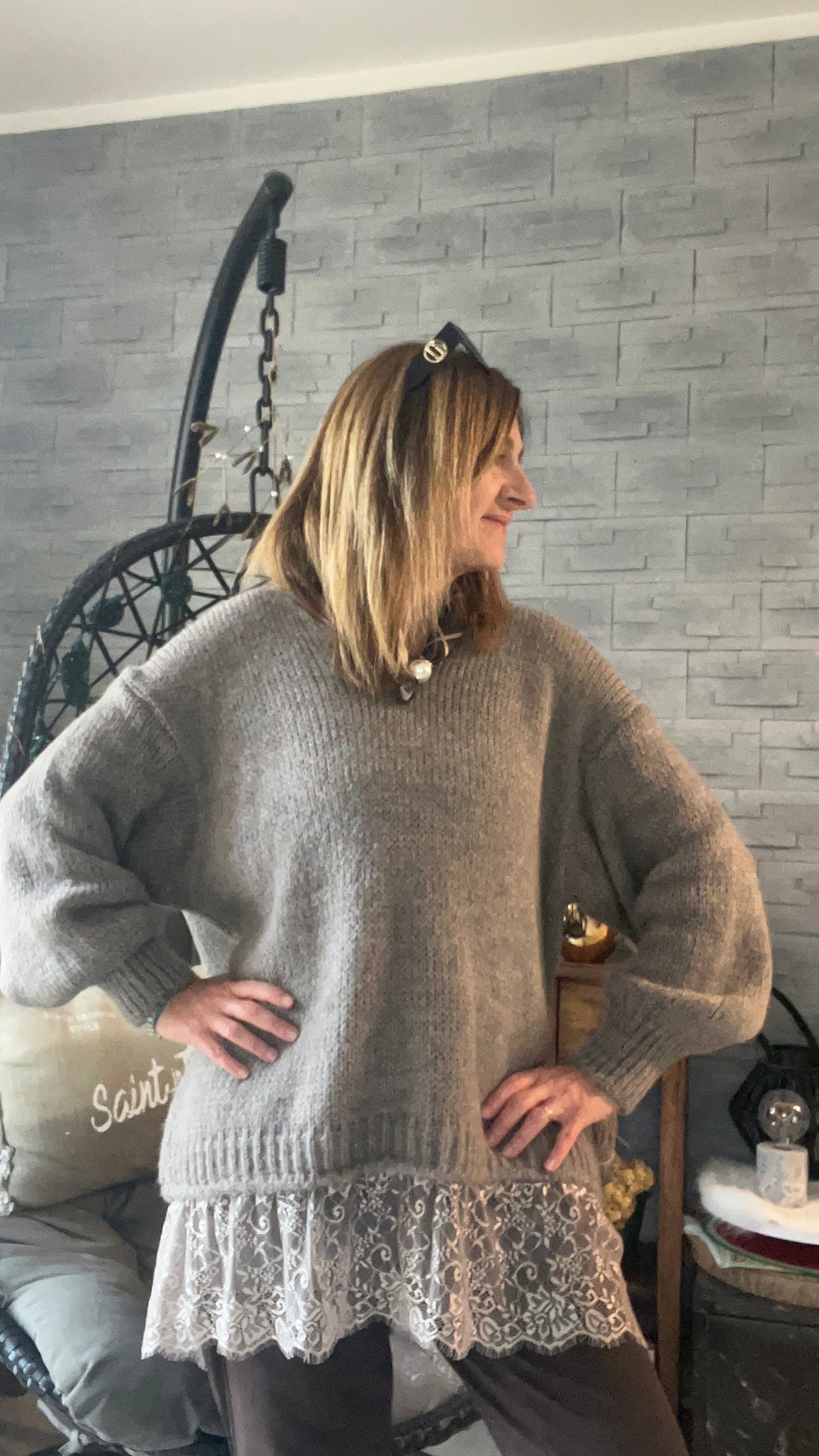 PULL TUNIQUE DENTELLE TAUPE