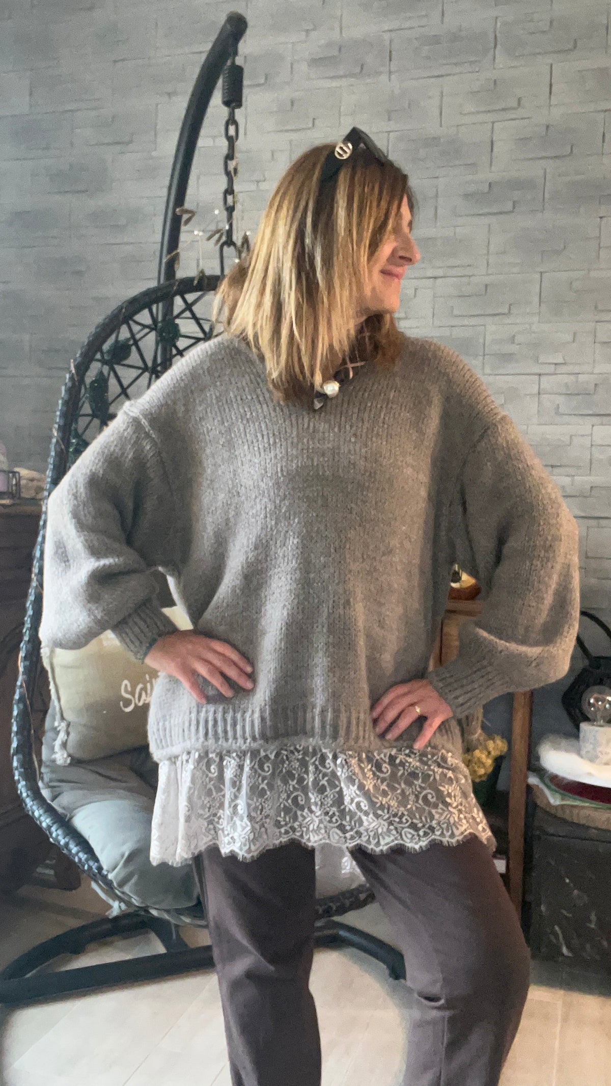 PULL TUNIQUE DENTELLE TAUPE