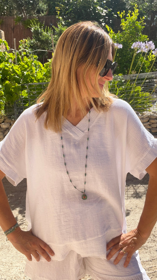 TEE-SHIRT TUNIQUE BLANC LIN/COTON