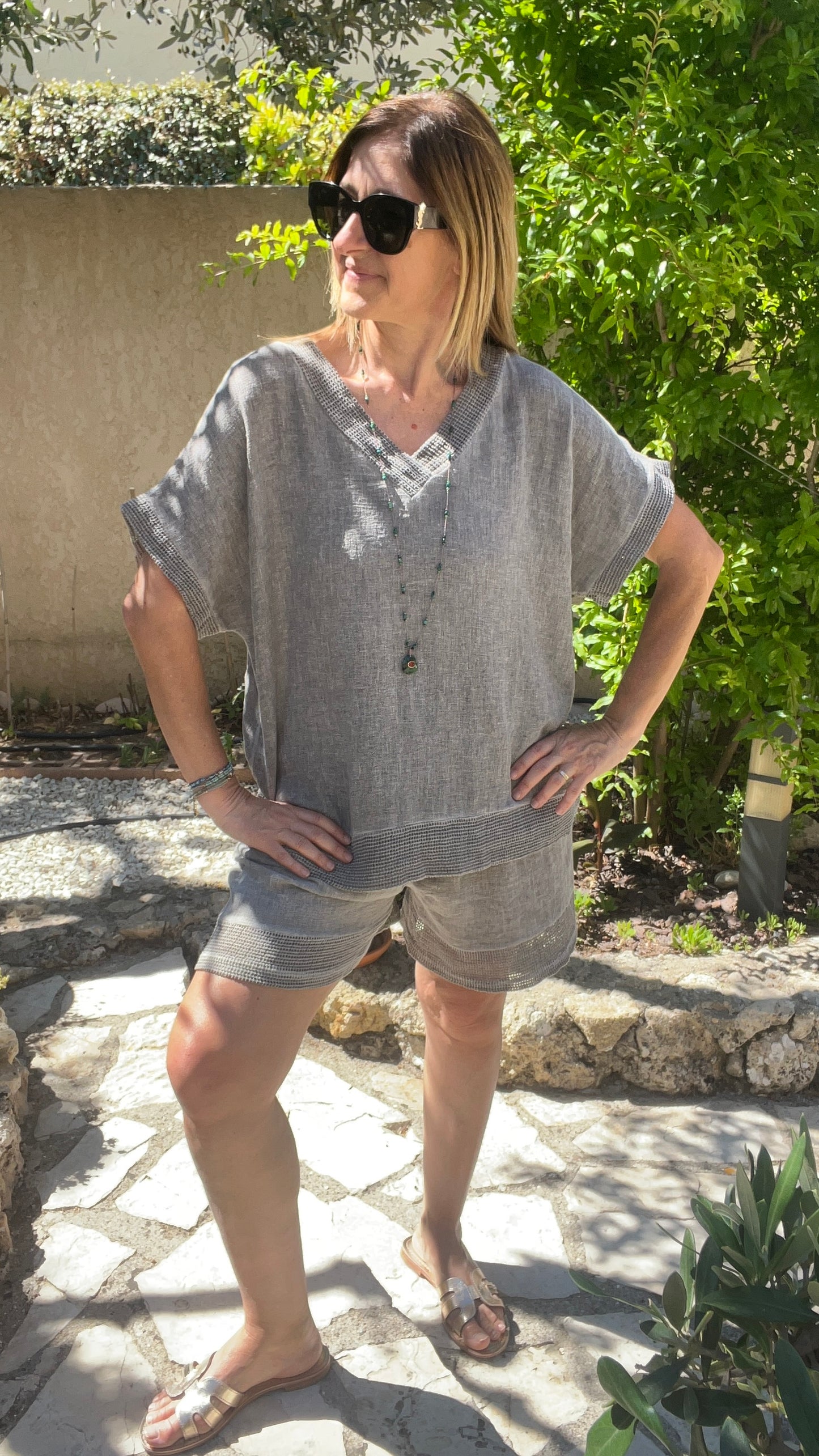 TEE-SHIRT TUNIQUE GRIS LIN/COTON