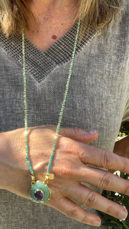 SAUTOIR BLEU TURQUOISE/DORE & PIERRE PRECIEUSE TURQUOISE "HABAHA"