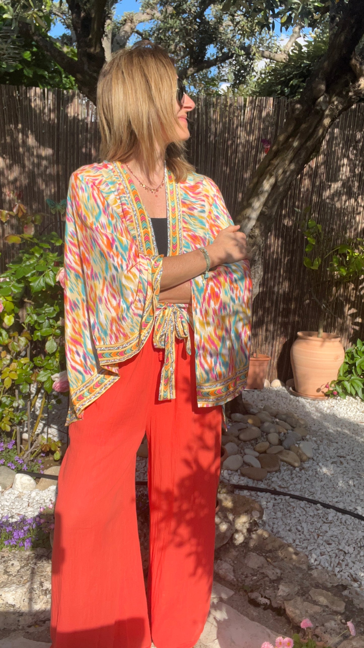 KIMONO A NOEUD "ORANGE/TURQUOISE/ROSE