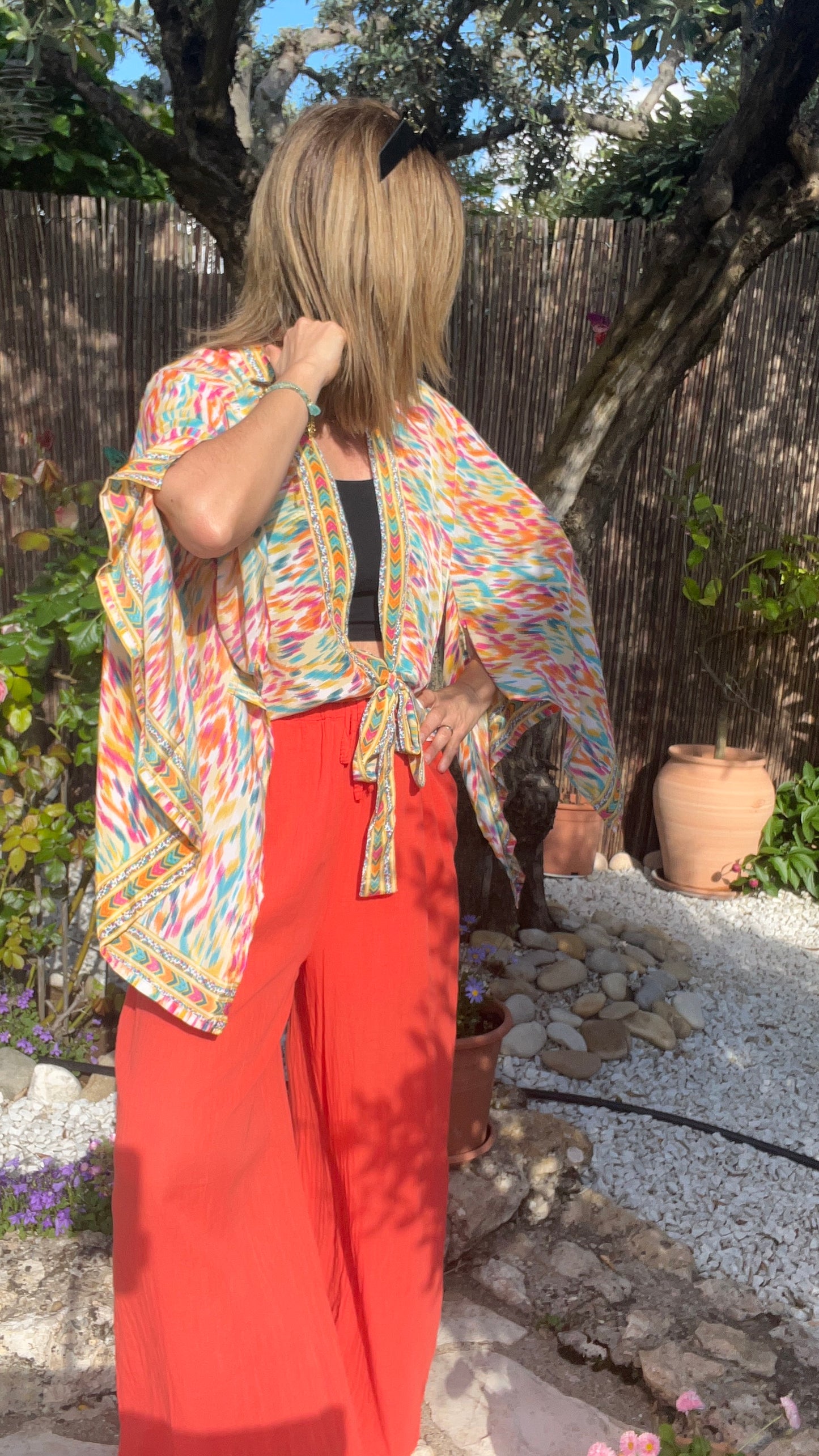 KIMONO A NOEUD "ORANGE/TURQUOISE/ROSE