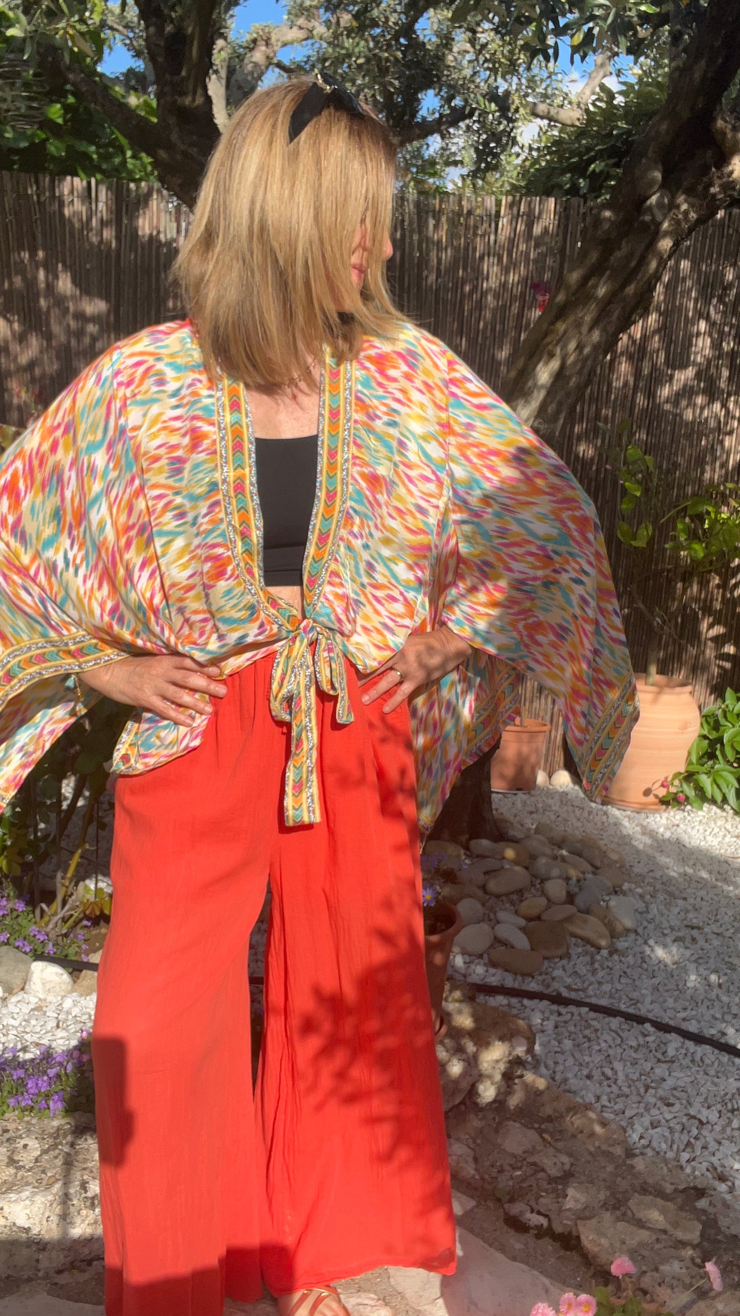 KIMONO A NOEUD "ORANGE/TURQUOISE/ROSE