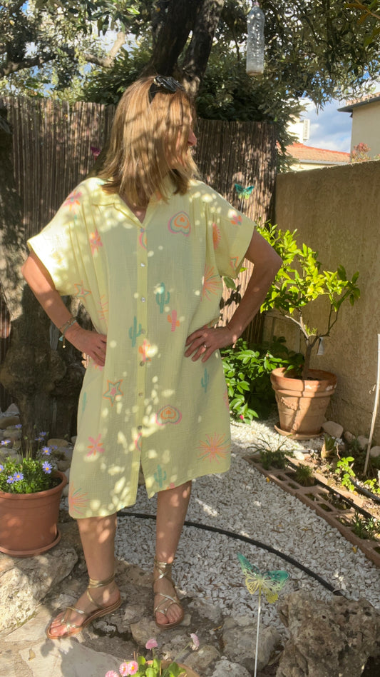 ROBE CHEMISE JAUNE & INSCRIPTION FLUO GAZE DE COTON
