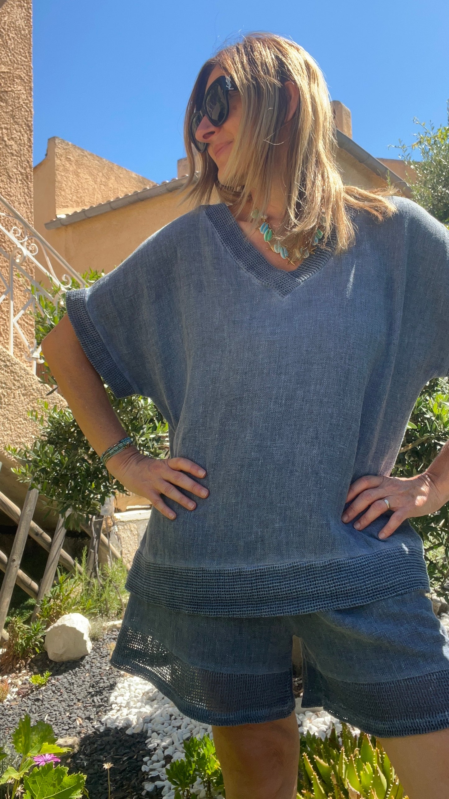 TEE-SHIRT TUNIQUE BLEU JEANS LIN/COTON