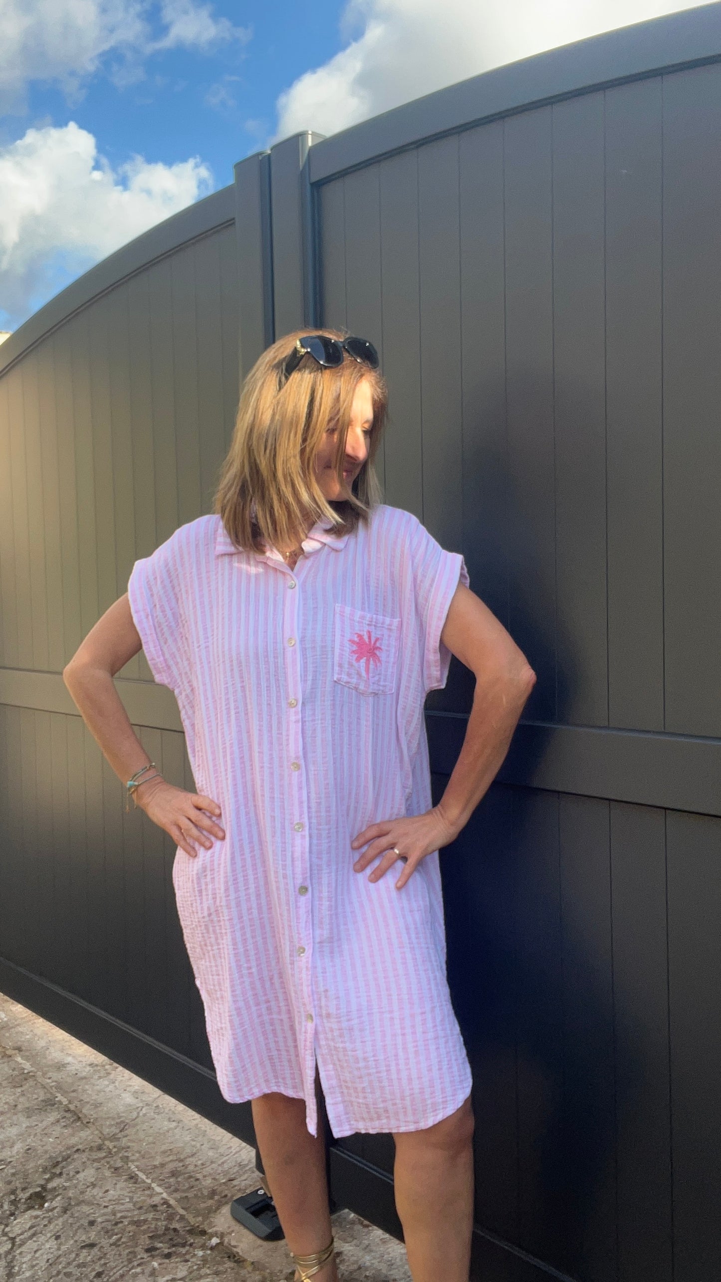 ROBE CHEMISE RAYEE ROSE/BLANC GAZE DE COTON