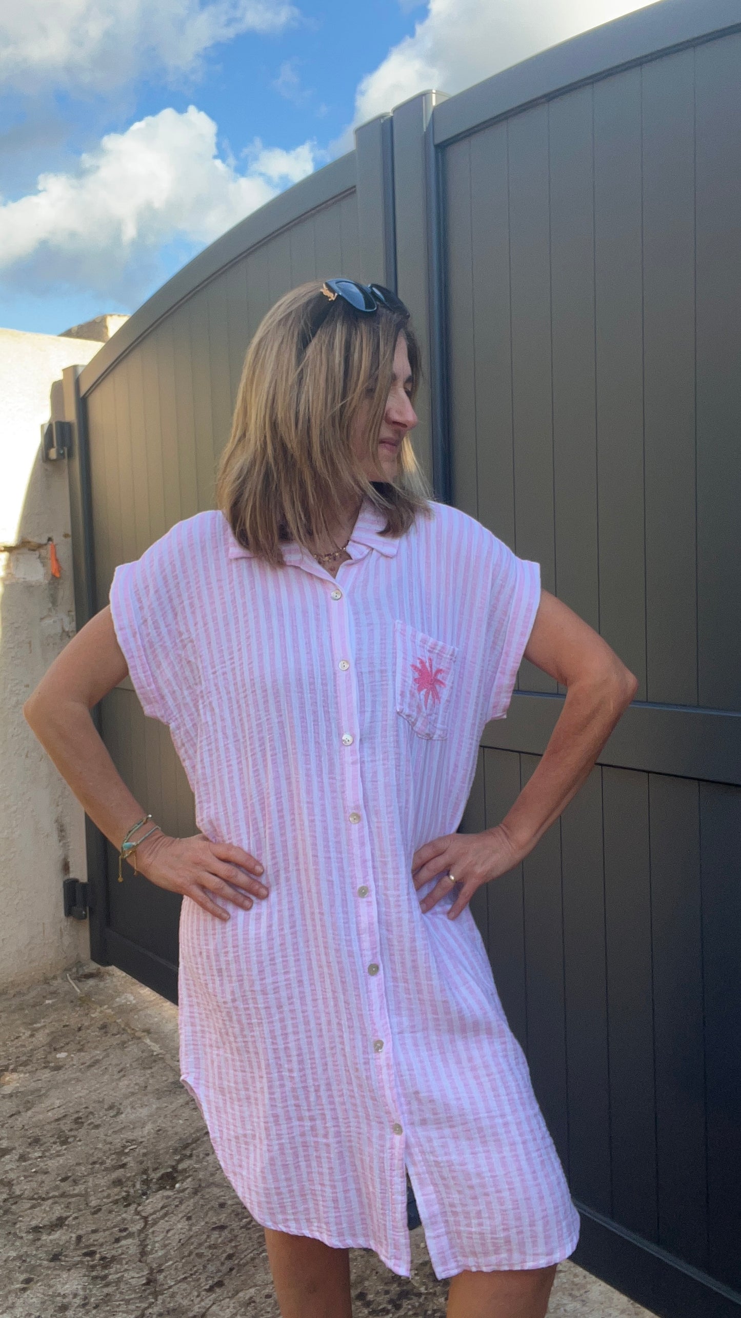 ROBE CHEMISE RAYEE ROSE/BLANC GAZE DE COTON