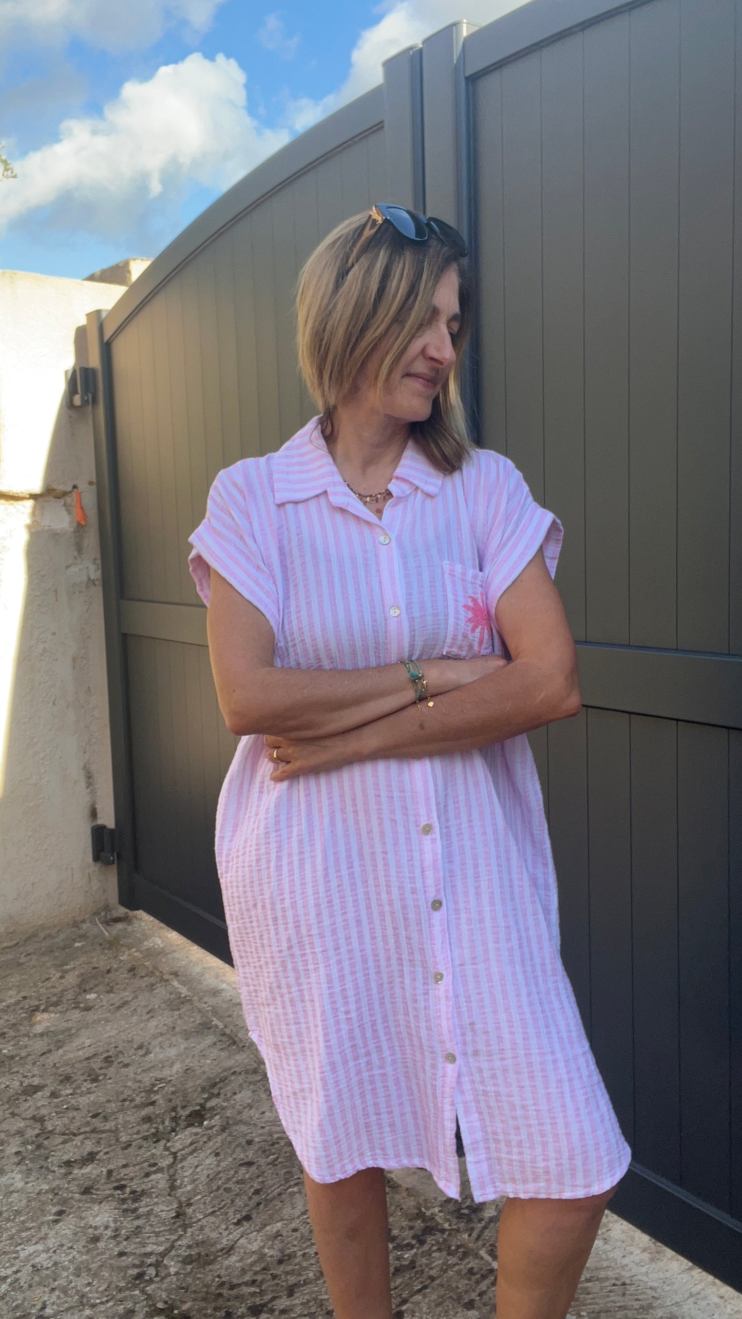 ROBE CHEMISE RAYEE ROSE/BLANC GAZE DE COTON
