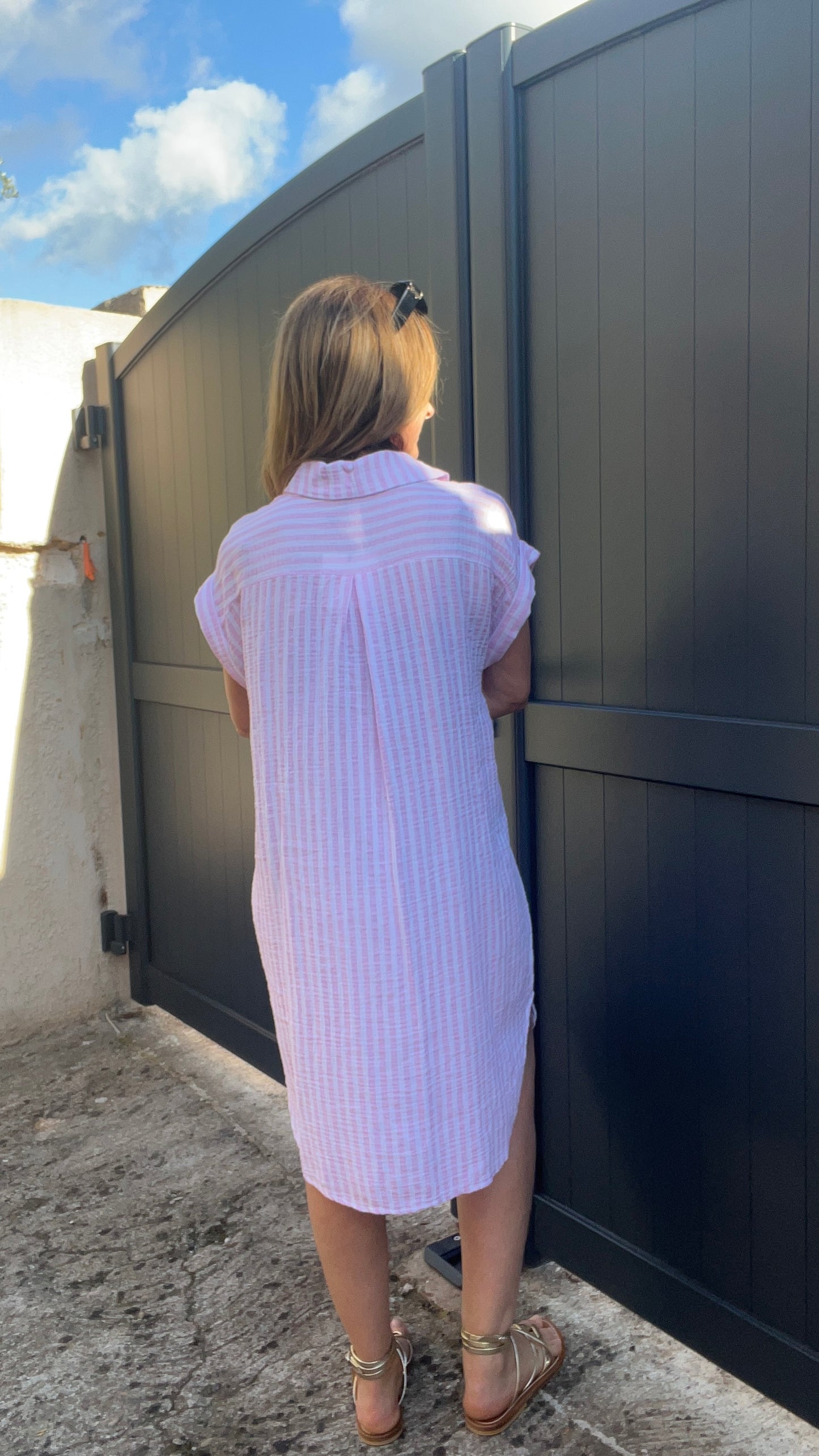 ROBE CHEMISE RAYEE ROSE/BLANC GAZE DE COTON