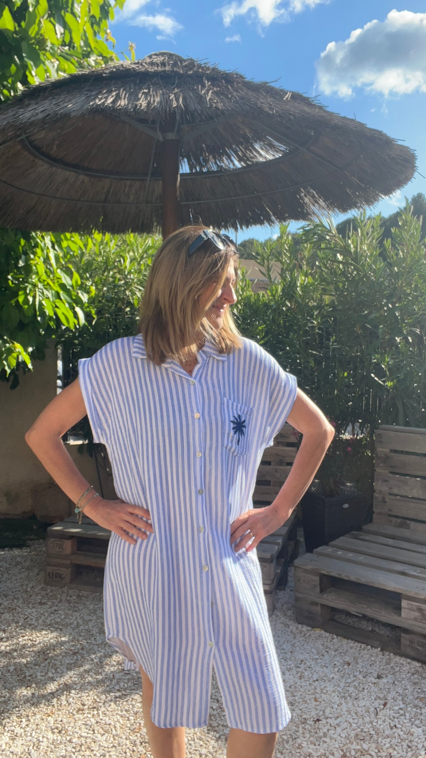 ROBE CHEMISE RAYEE BLEU/BLANC GAZE DE COTON