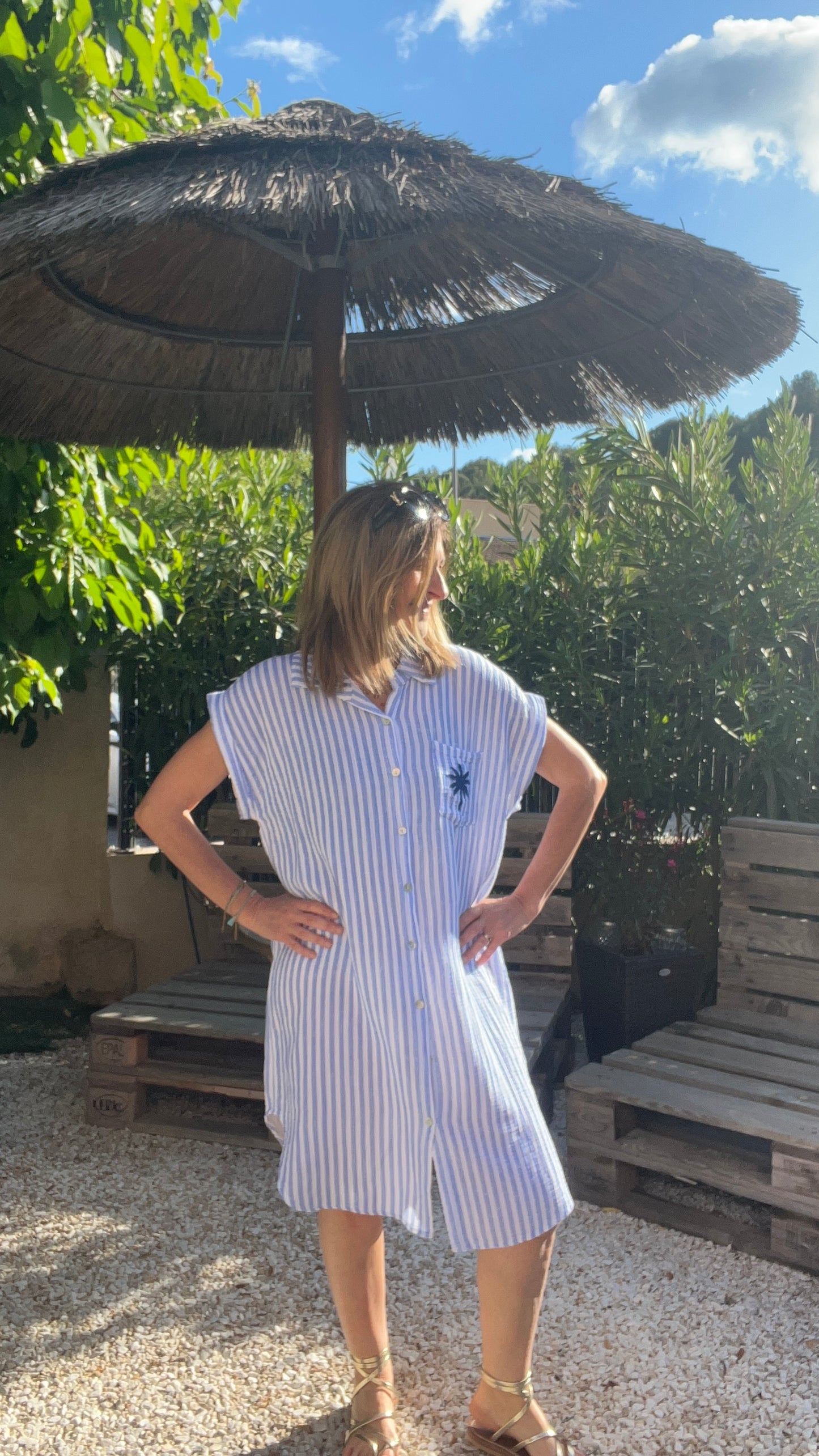 ROBE CHEMISE RAYEE BLEU/BLANC GAZE DE COTON